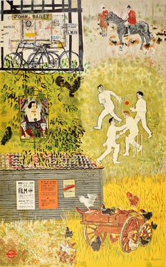 Original Vintage Travel Poster London Country Village Life Cricket Hunting