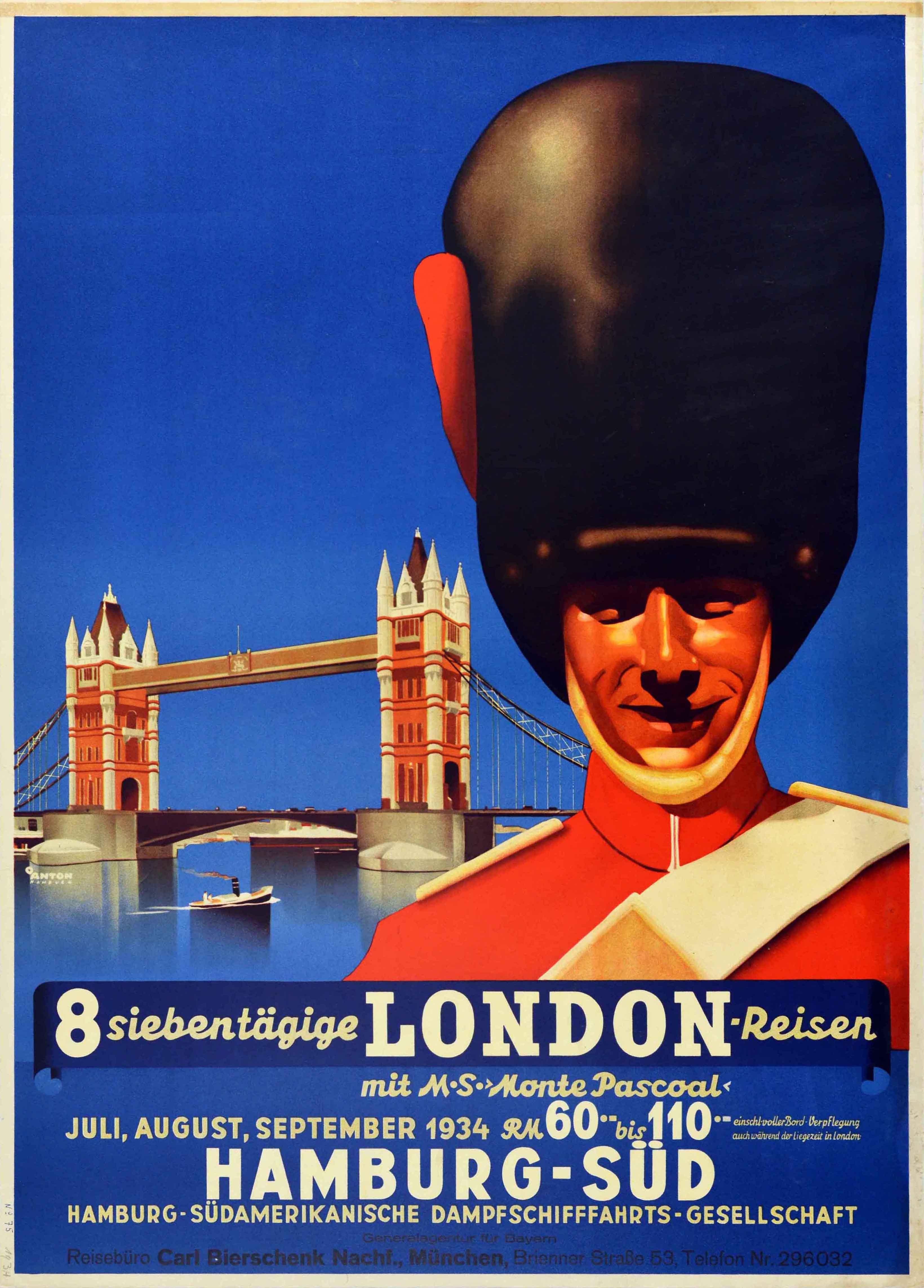 Original vintage cruise ship travel poster advertising Eight Day London Travel on the M.S. Monte Pascoal in July, August and September 1934 from RM60-110 full catering included during the layover in London with the Hamburg Sud Hamburg South America