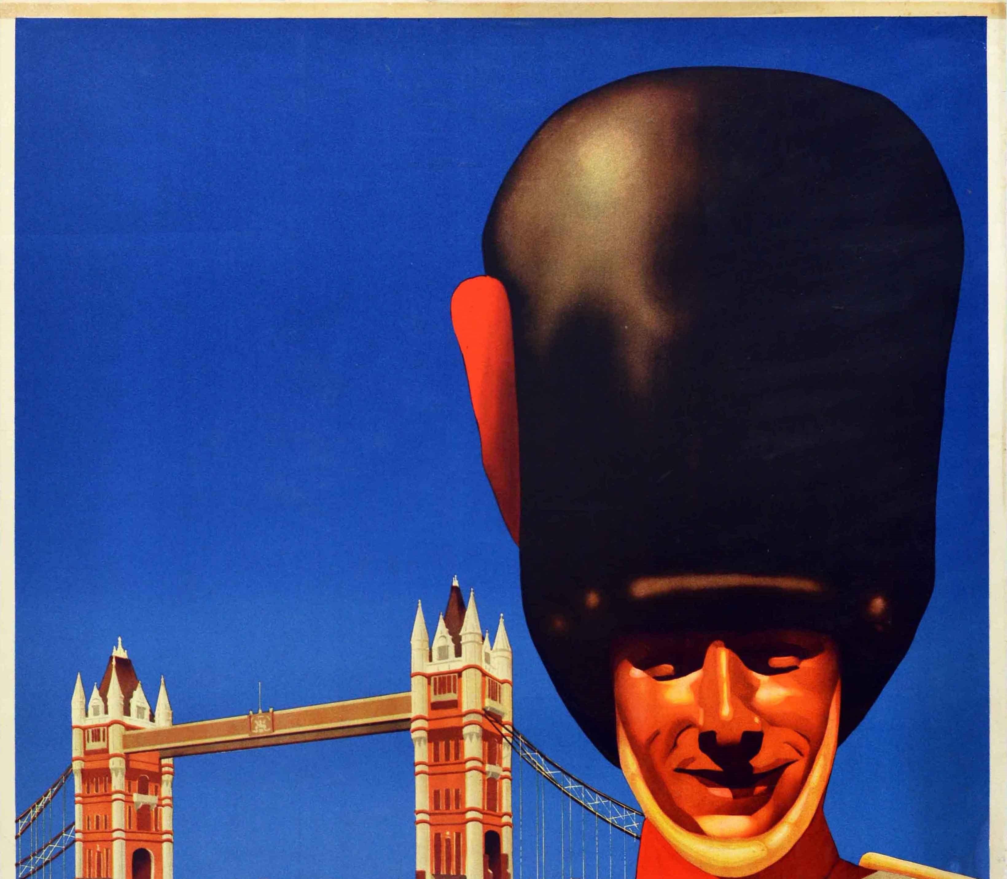 Allemand Affiche vintage originale de voyage London Cruise Ft. Conception du pont de la Royal Guard Tower en vente