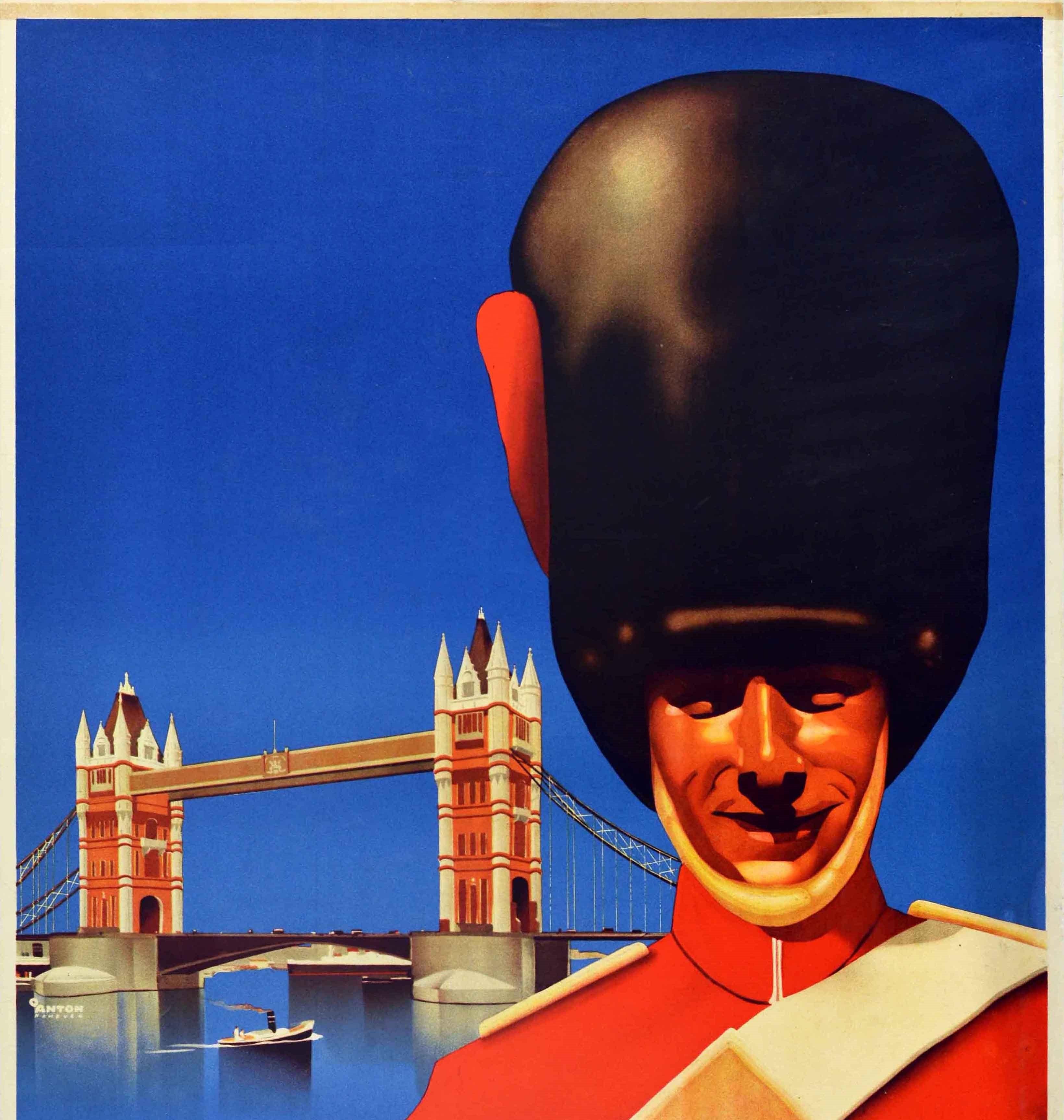 Papier Affiche vintage originale de voyage London Cruise Ft. Conception du pont de la Royal Guard Tower en vente