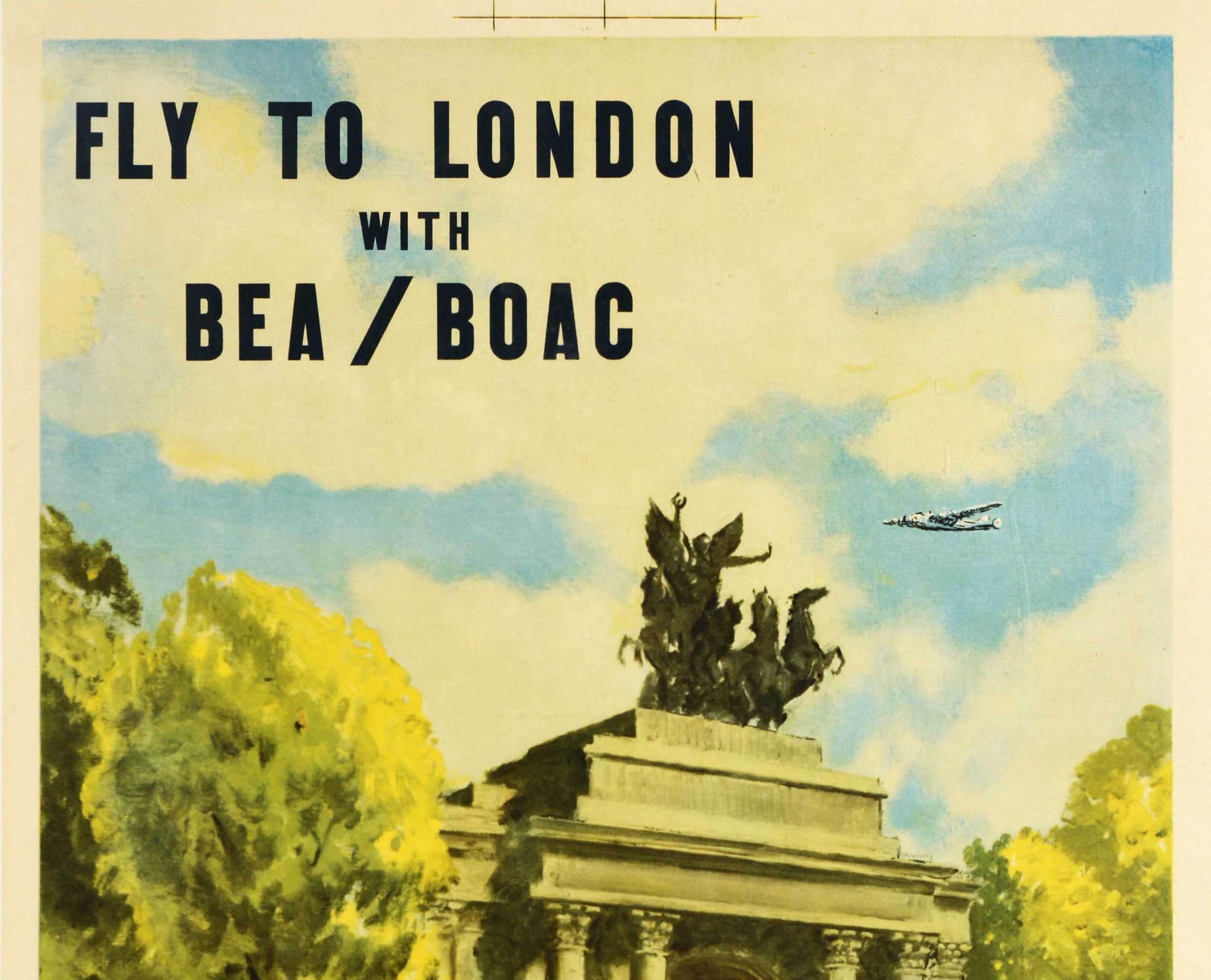 Original vintage travel poster for British European Airways and British Overseas Airways Corporation - Fly to London with BEA / BOAC - featuring a colourful image by the British artist and illustrator Clive Uptton (1911-2006) depicting a policeman