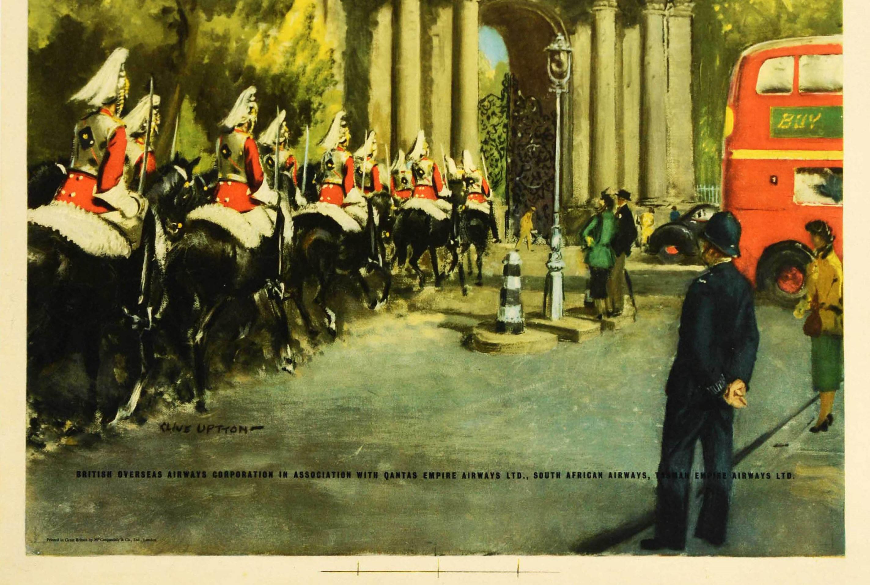 Britannique Affiche rétro originale de voyage, London Fly BEA BOAC, Wellington, Gardes des chevaux en arc en vente