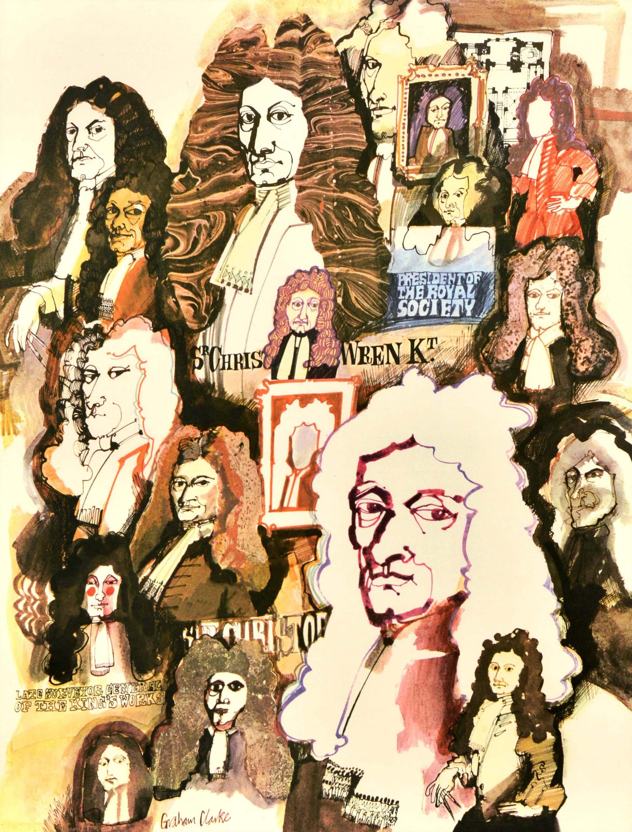Original vintage London Transport poster commemorating Sir Christopher Wren (1632-1723) featuring various images of the notable English architect, astronomer, mathematician and physicist with his signature, the text and London Underground roundel