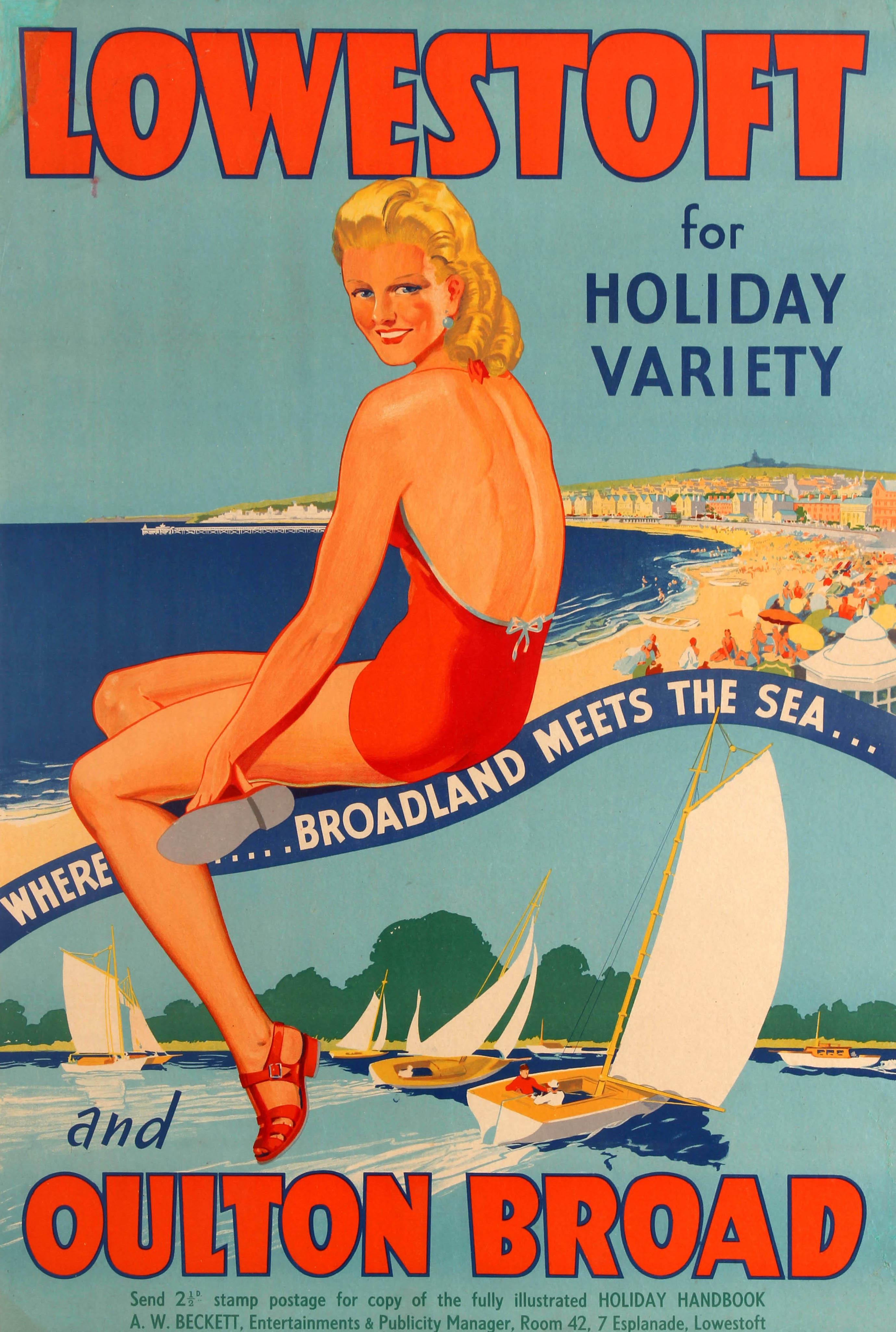 Original vintage travel advertising poster promoting the historic seaside town of Lowestoft in Suffolk and lakes at nearby Oulton Broad - Lowestoft and Oulton Broad for Holiday Variety where ... Broadland meets the sea ... Colourful artwork
