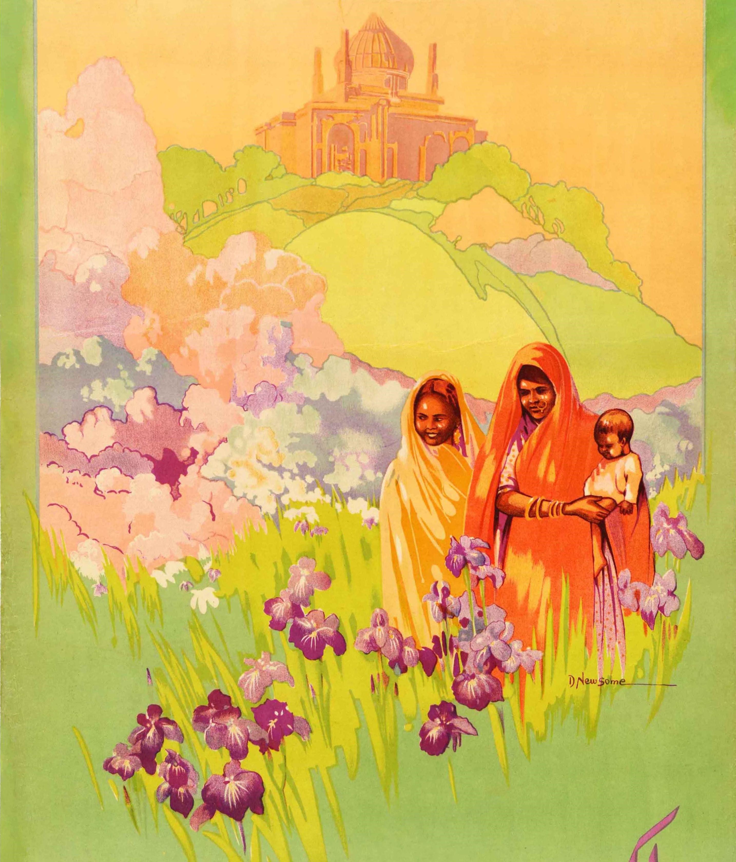Original Vintage Travel Poster Lucknow India Gardens Iris Flowers Chota Imambara In Good Condition For Sale In London, GB