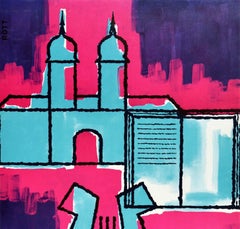 Póster de viaje original Vintage Lufthansa Airline Arpa azul Arte moderno de mediados de siglo