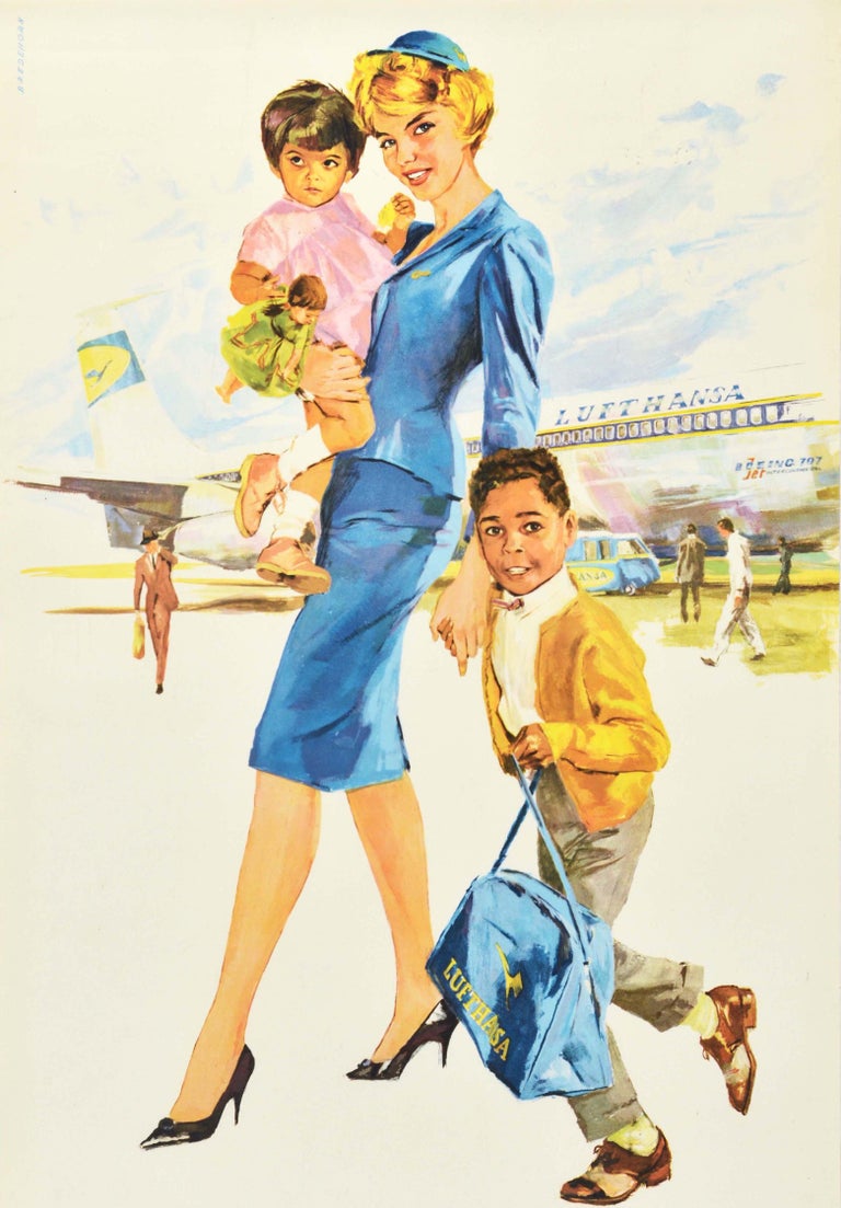 Original Vintage Travel Poster Lufthansa German Airlines Children Flying  Alone For Sale at 1stDibs
