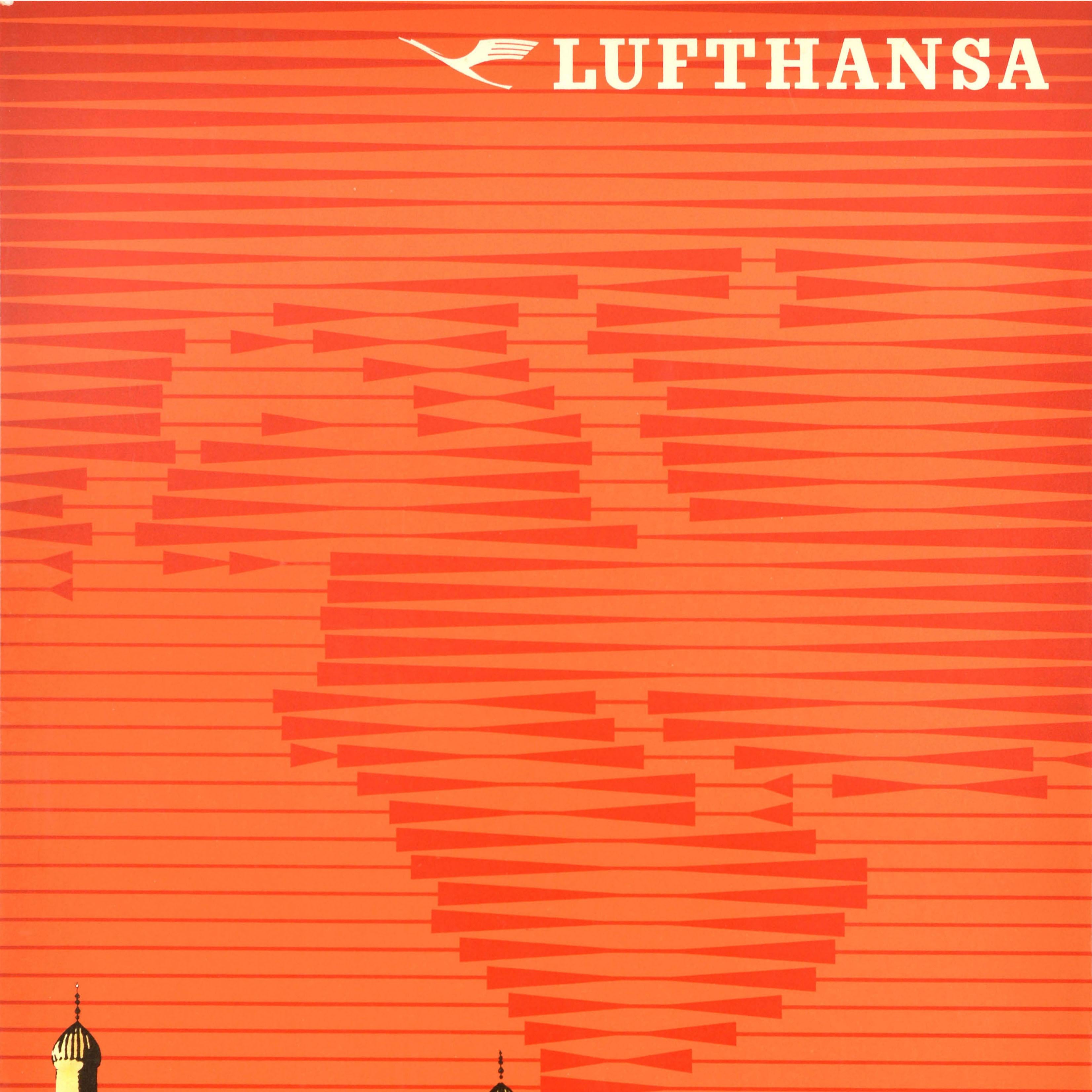 Tedesco Poster di viaggio originale d'epoca Lufthansa Proche Et Moyen Orient Vicino Medio Oriente in vendita