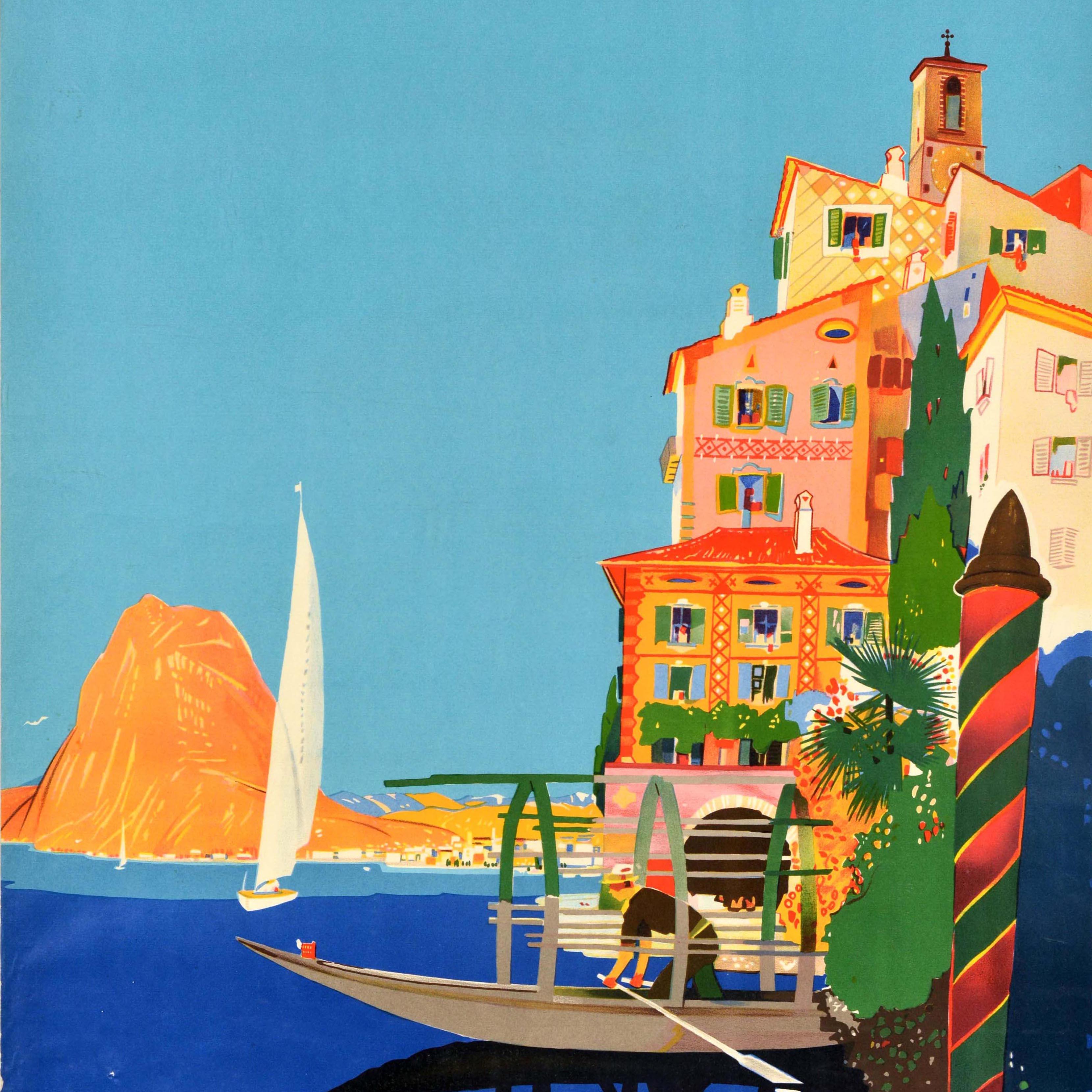 Original Vintage-Reiseplakat für Lugano in der Schweiz mit einem farbenfrohen Bild des Schweizer Künstlers Daniele Buzzi (1890-1974), das einen Mann mit Ruder auf einem Boot zeigt, das sich im tiefblauen Wasser spiegelt, mit Gebäuden und Bäumen am