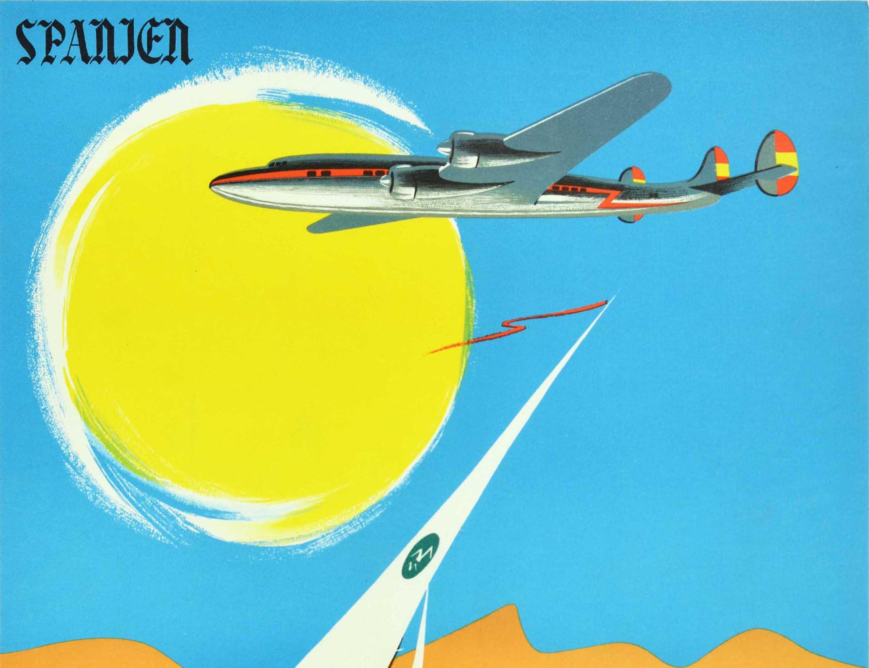 Original vintage Spanish airline travel poster issued by Iberia Lineas Aereas de Espana in German for the Costa Del Sol Malaga in Spain / Spanien featuring a colourful illustration of an Iberia Lockheed Constellation plane flying in front of bright