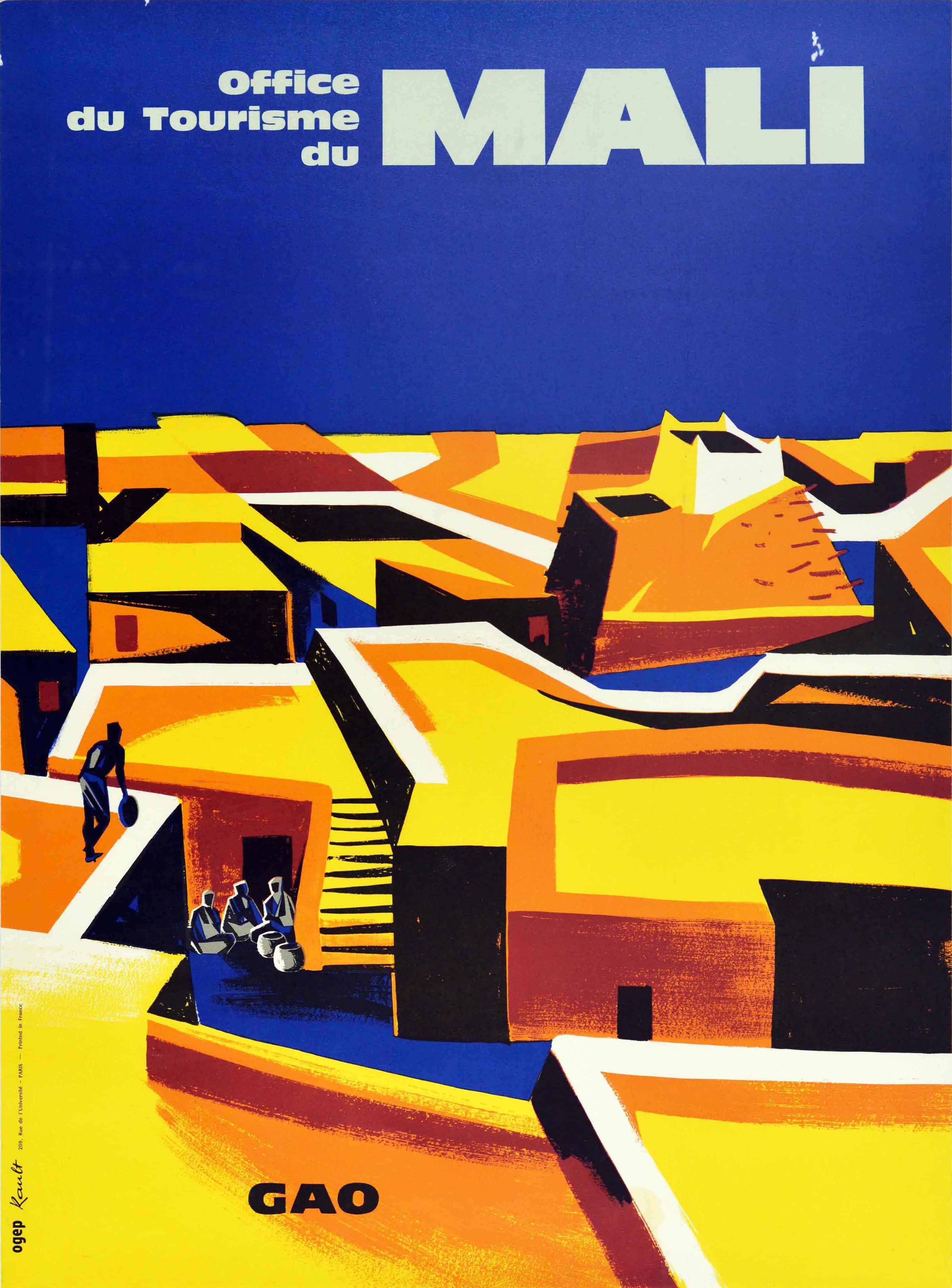 Original vintage travel poster issued by the Mali Office of Tourism and printed in France featuring a colourful illustration depicting silhouettes of people sitting in the shade with another person leaning on a roof top looking over the city of Gao