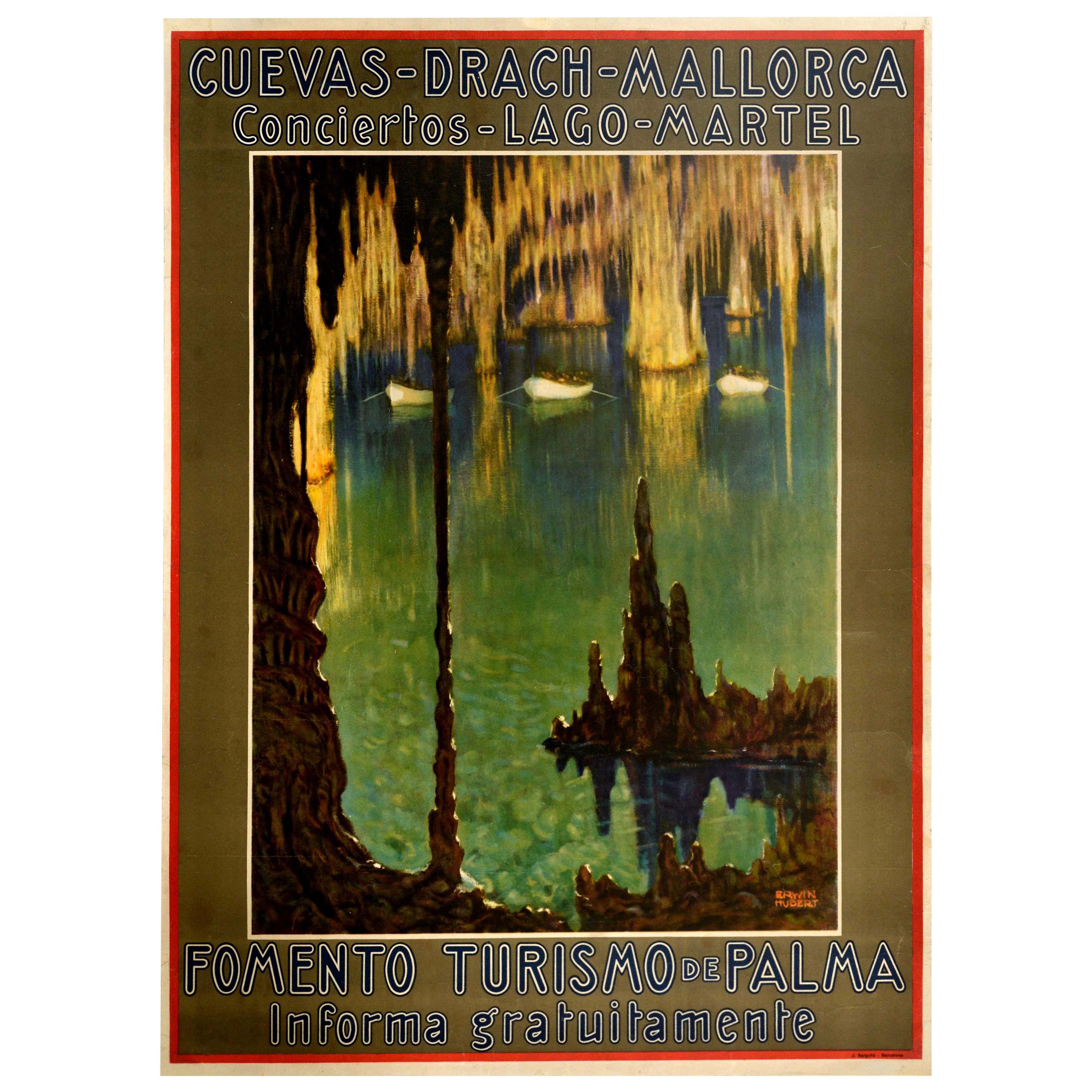 Affiche rétro originale de voyage Mallorca, Cuevas, Grottes dégoulinantes, Lacs et Martel, concerts en vente