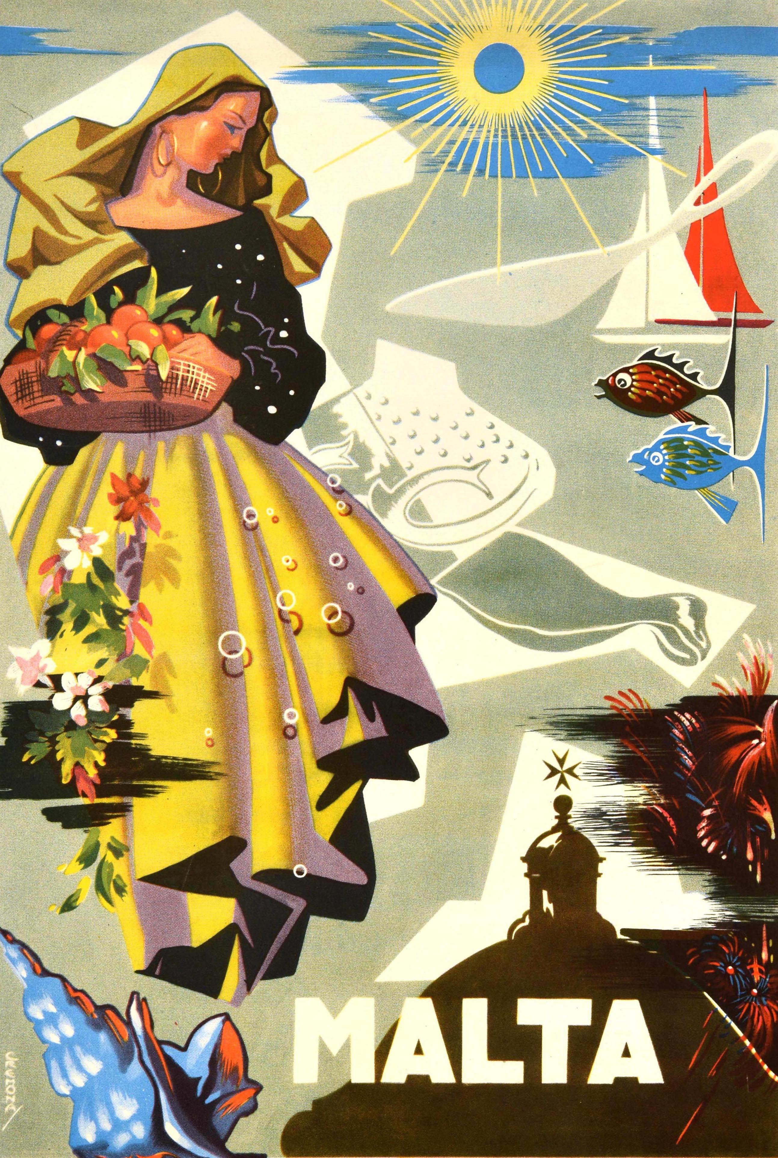 Original vintage travel poster for the island country of Malta located in the Mediterranean Sea featuring a colourful design with a lady wearing a traditional dress and head shawl holding a basket of oranges in front of a shining yellow sun and