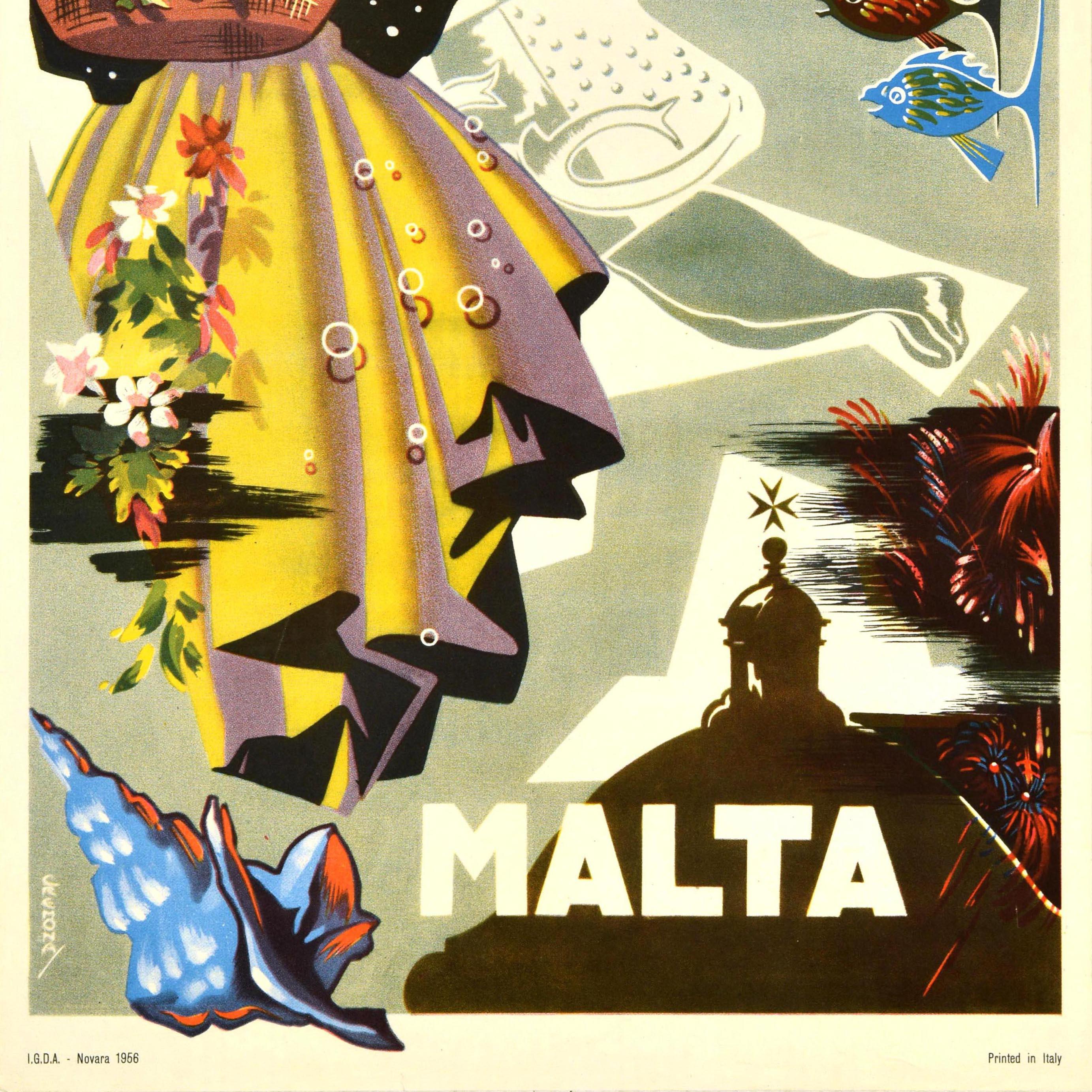 Original Vintage Travel Poster Malta Mediterranean Sea Valetta Midcentury Design In Good Condition For Sale In London, GB