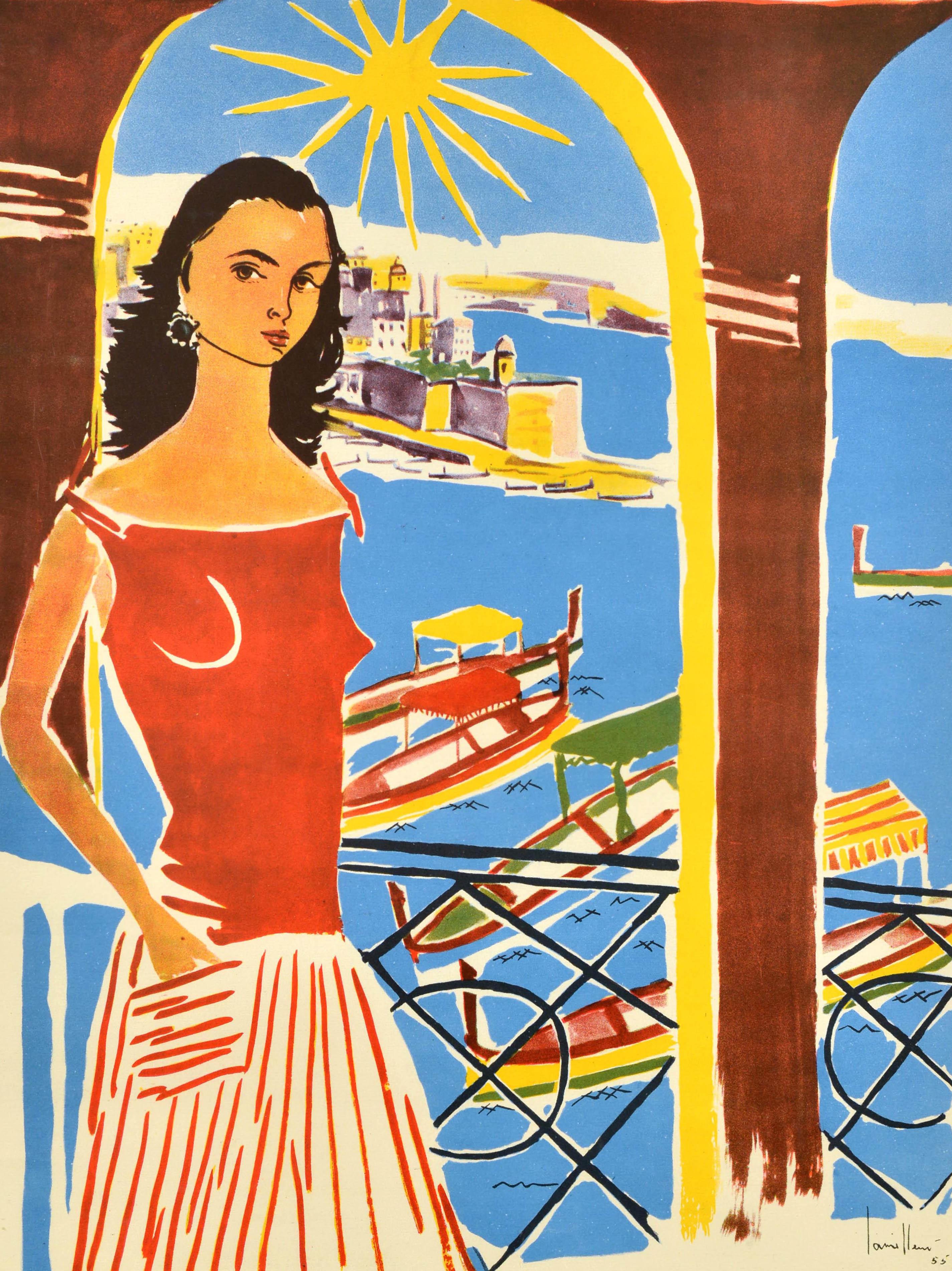 Original Vintage-Reiseplakat für den im Mittelmeer gelegenen Inselstaat Malta mit einer farbenfrohen Ansicht durch Balkonbögen des maltesischen Künstlers Antoine Camilleri (1922-2005), die den Grand Harbour in der Hauptstadt Valletta mit einer