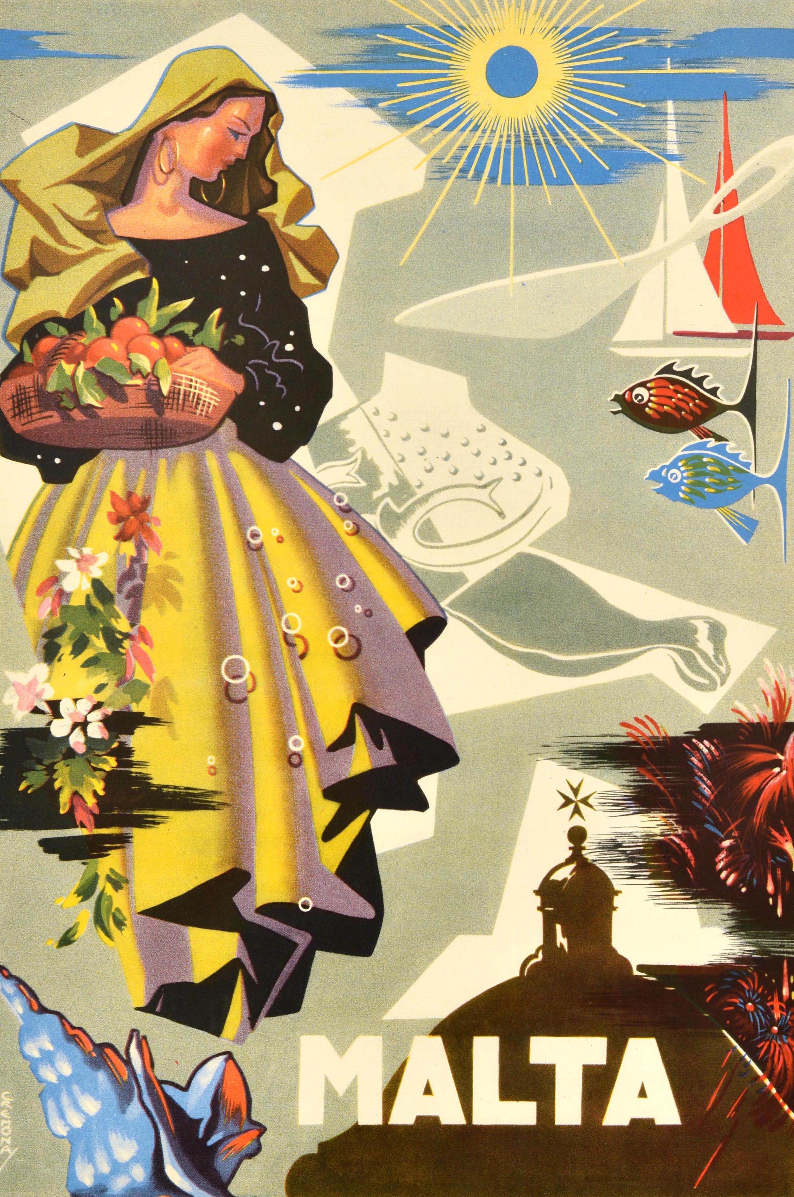 Original vintage travel poster for the island country of Malta located in the Mediterranean Sea featuring a colourful design by Emvin Cremona (1919-1987) with a lady wearing a traditional dress and head shawl holding a basket of oranges in front of