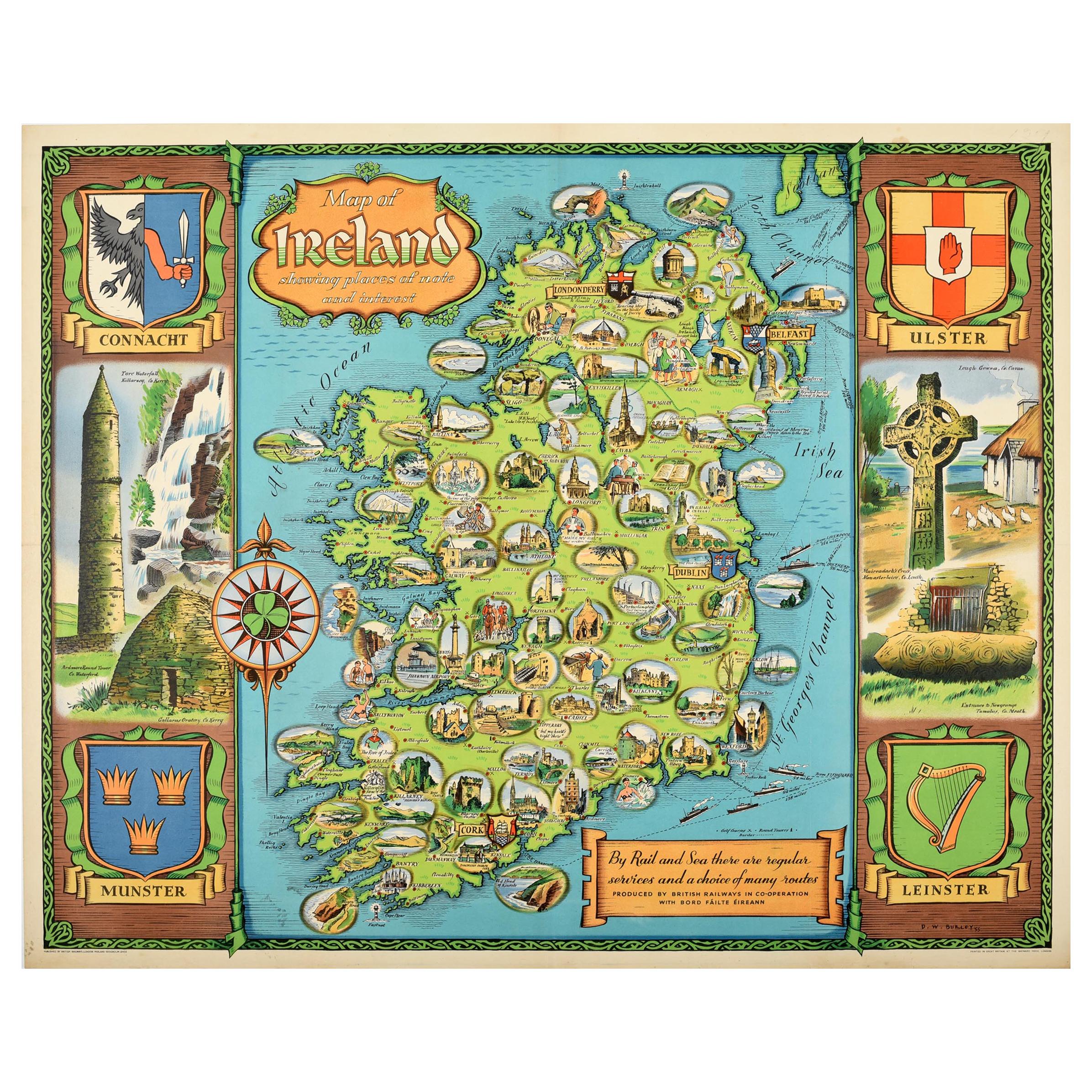 Original Vintage Travel Poster Map of Ireland Showing Places of Note & Interest For Sale