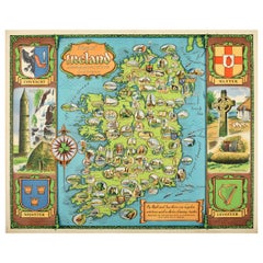 Original Retro Travel Poster Map of Ireland Showing Places of Note & Interest