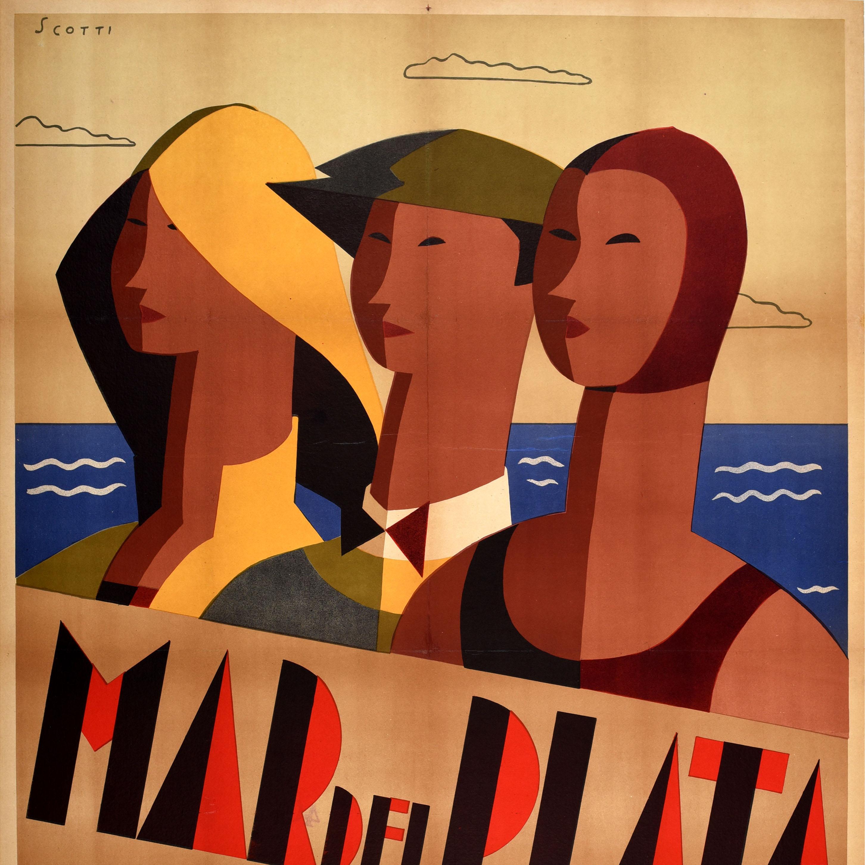 Argentine Original Vintage Travel Poster Mar Del Plata Spa Sea Argentina Art Deco Design For Sale