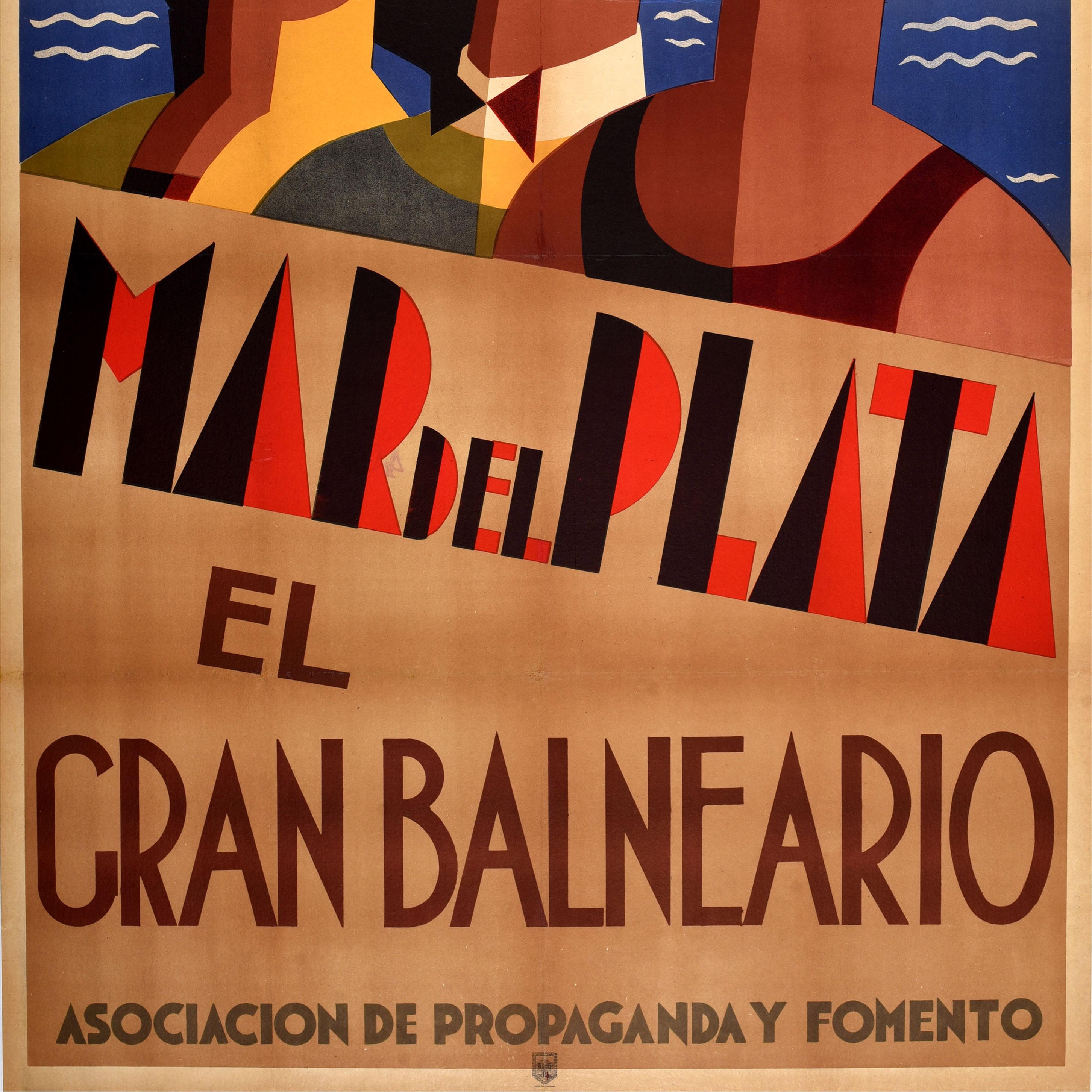 Original Vintage Travel Poster Mar Del Plata Spa Sea Argentina Art Deco Design In Good Condition For Sale In London, GB