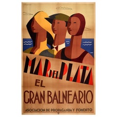 Cartel de Viaje Original Vintage Mar Del Plata Spa Sea Argentina Art Deco Design