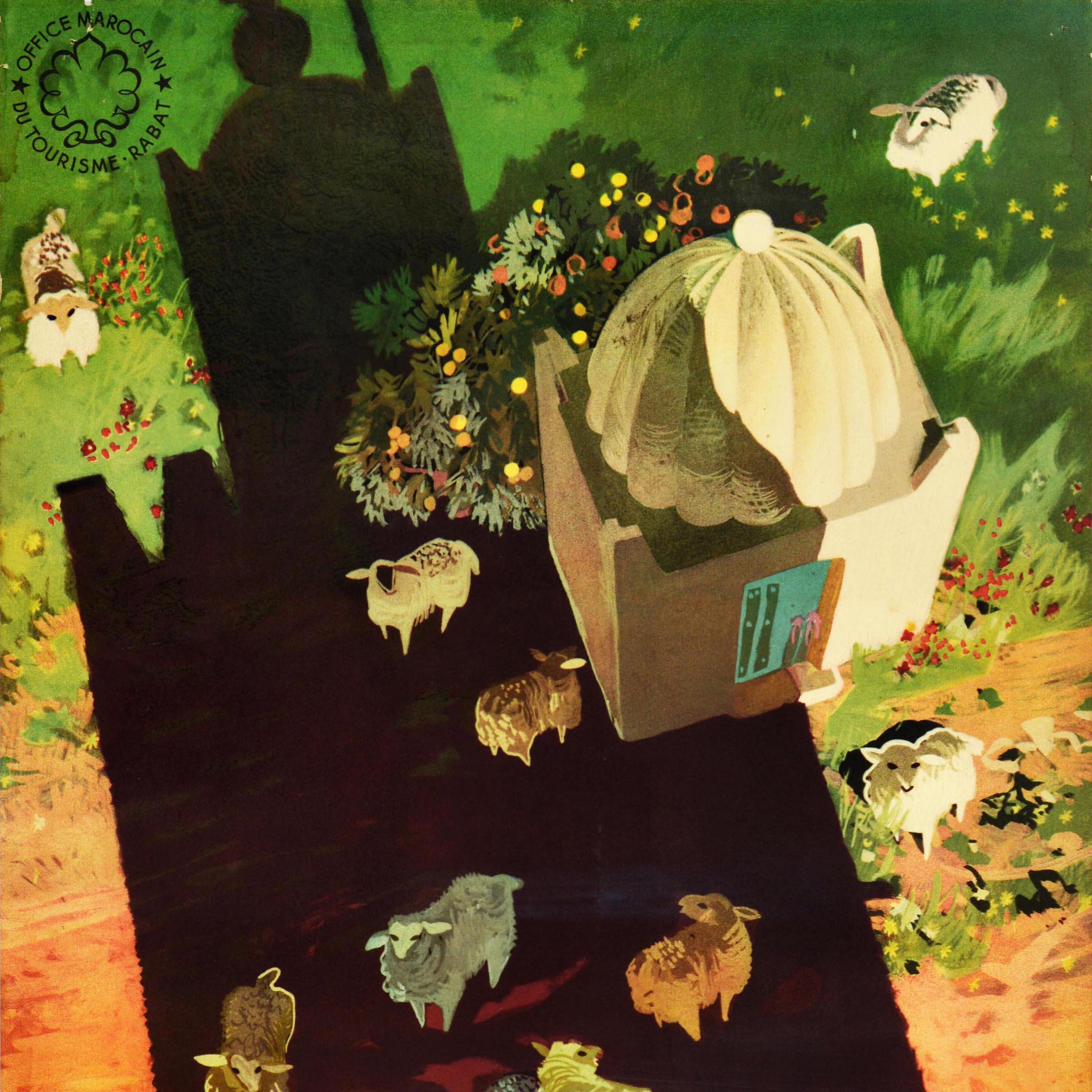 Original vintage travel poster for Morocco issued by the Moroccan Tourist Bureau Rabat featuring a great design of a shepherd with his flock of sheep next to grass on a lane by a small domed building, looking down from a tall building casting a