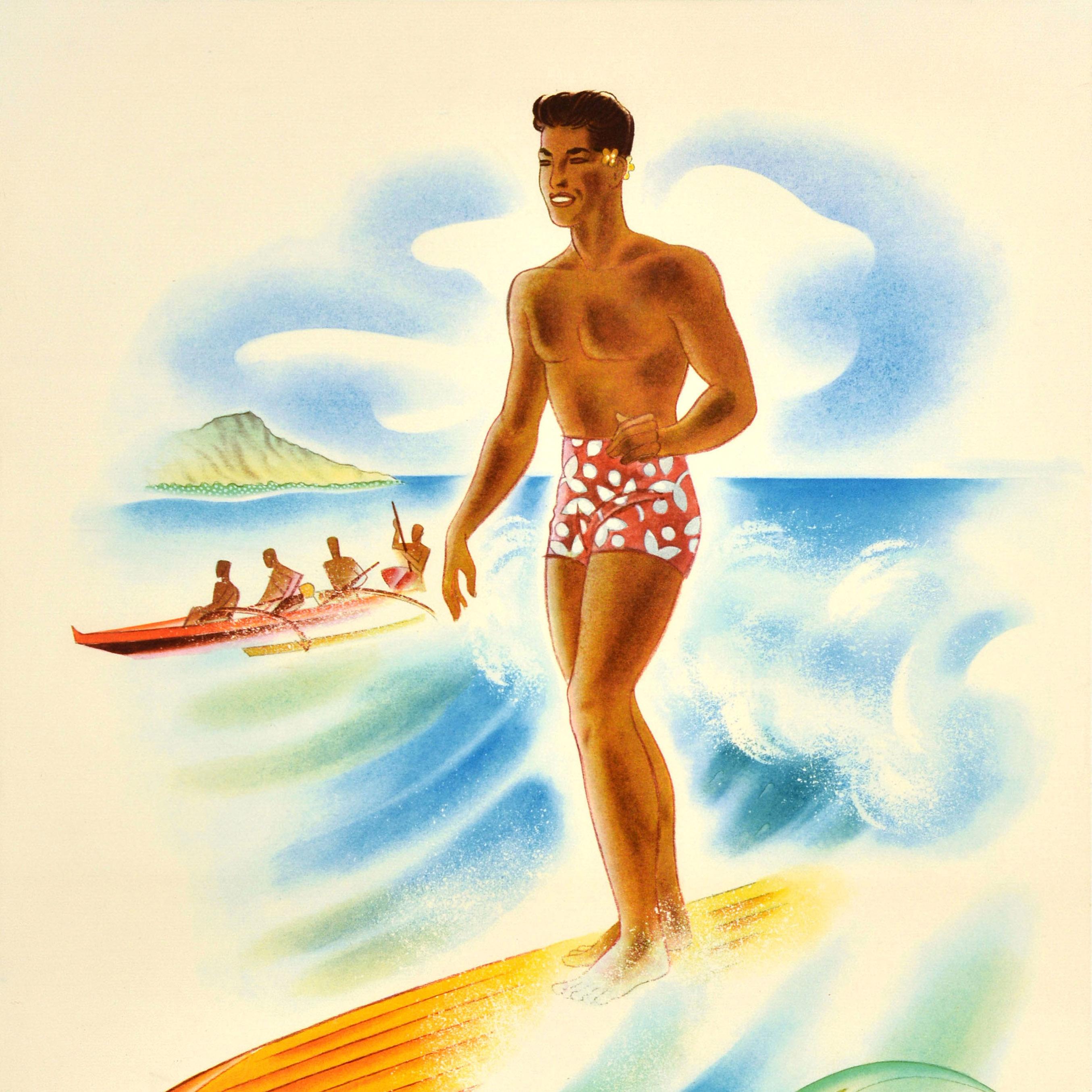 Original vintage travel poster - Matson Lines Hawaii - featuring a colourful image of a smiling surfer in red and white swimming shorts riding the waves in front of surfers in a traditional outrigger surfing canoe and the volcanic Diamond Head