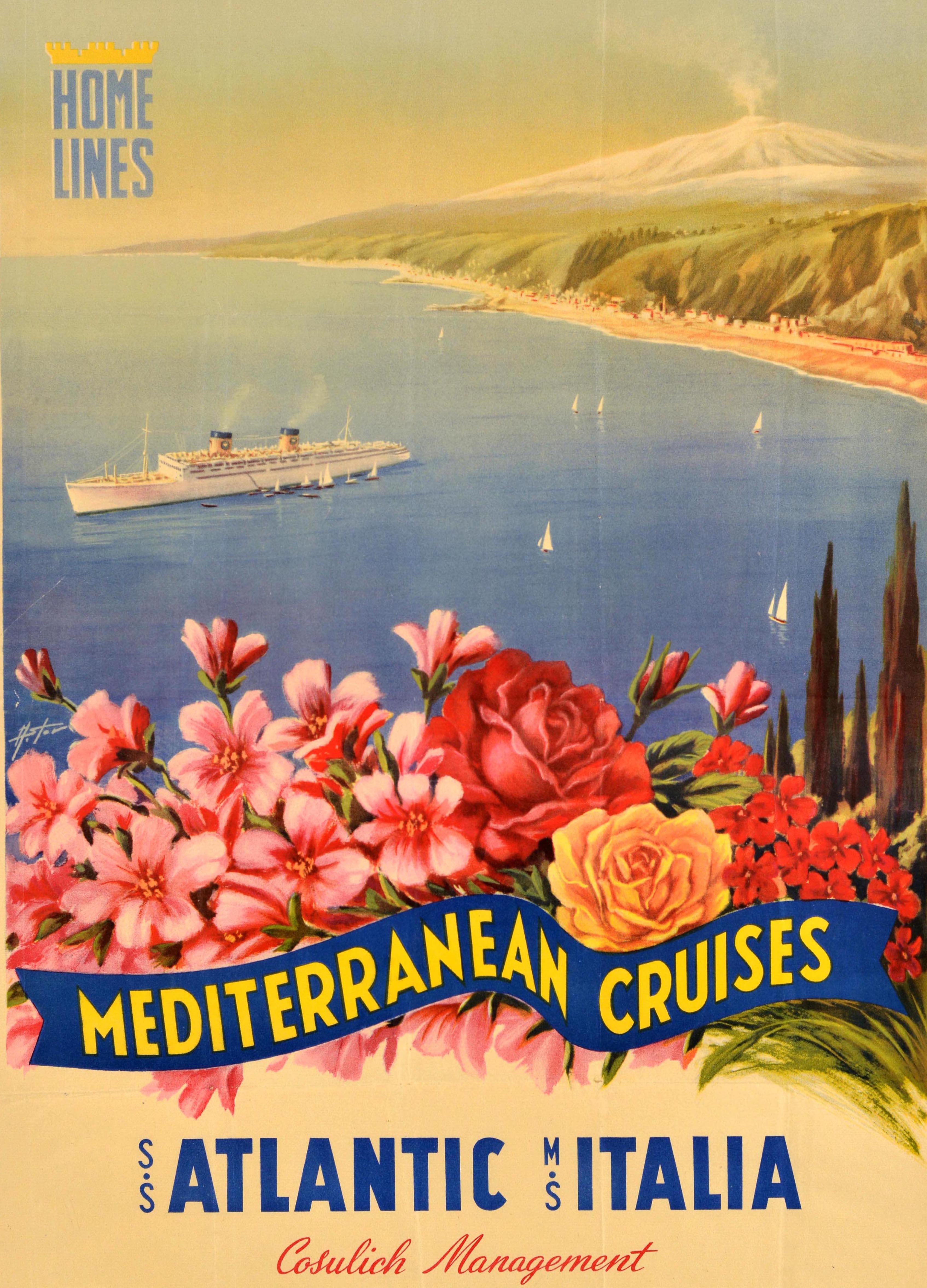 Cartel publicitario original de época de viajes en crucero para Home Lines Mediterranean Cruises SS Atlantic MS Italia Cosulich Management, con coloridas flores rojas, amarillas y rosas en primer plano y una vista panorámica sobre los árboles de un