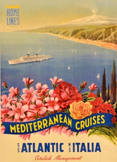 Original Vintage Travel Poster Mediterranean Cruises Home Lines Atlantic Italia