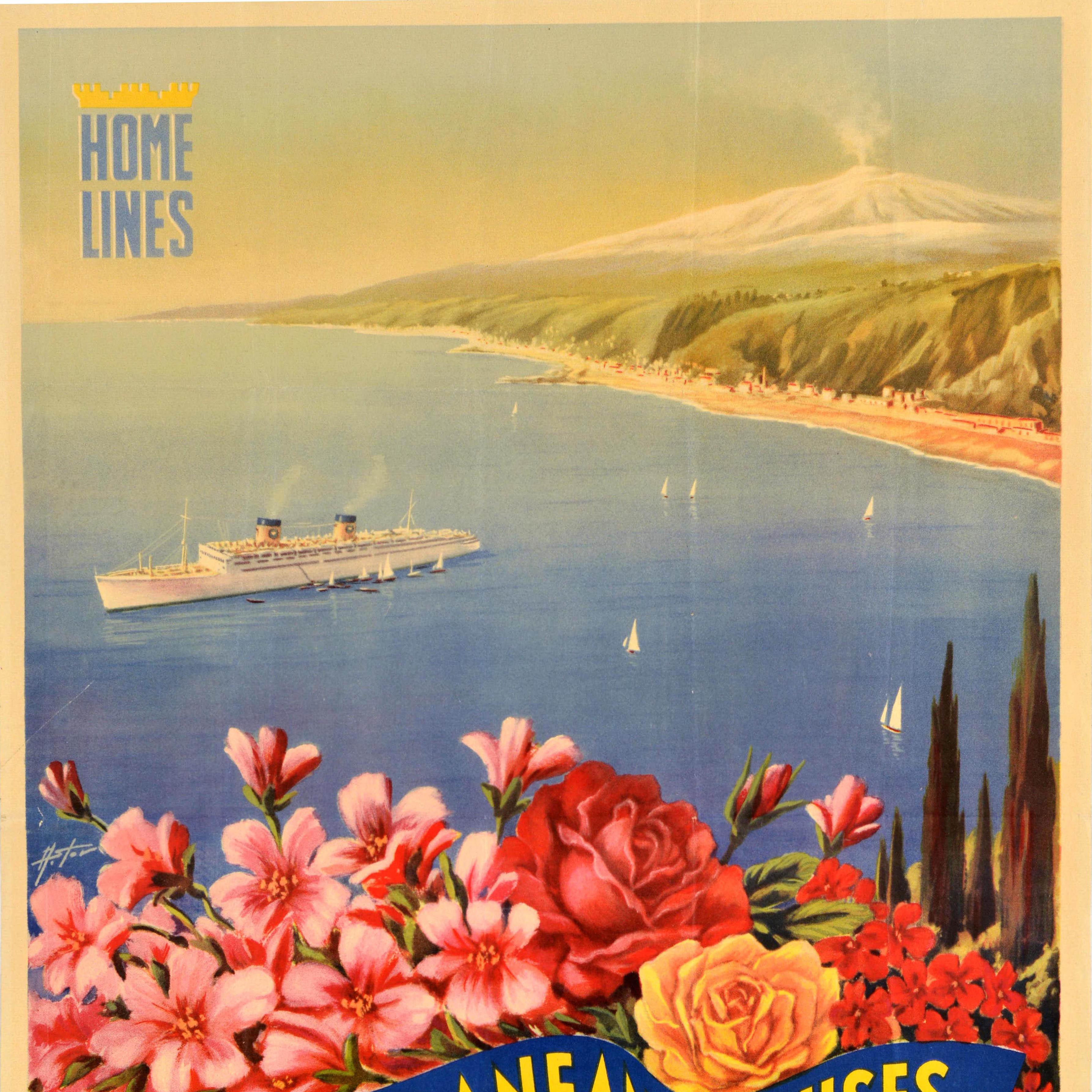 Póster de viaje original de época Cruceros por el Mediterráneo Home Lines Atlantic Italia Italiano en venta