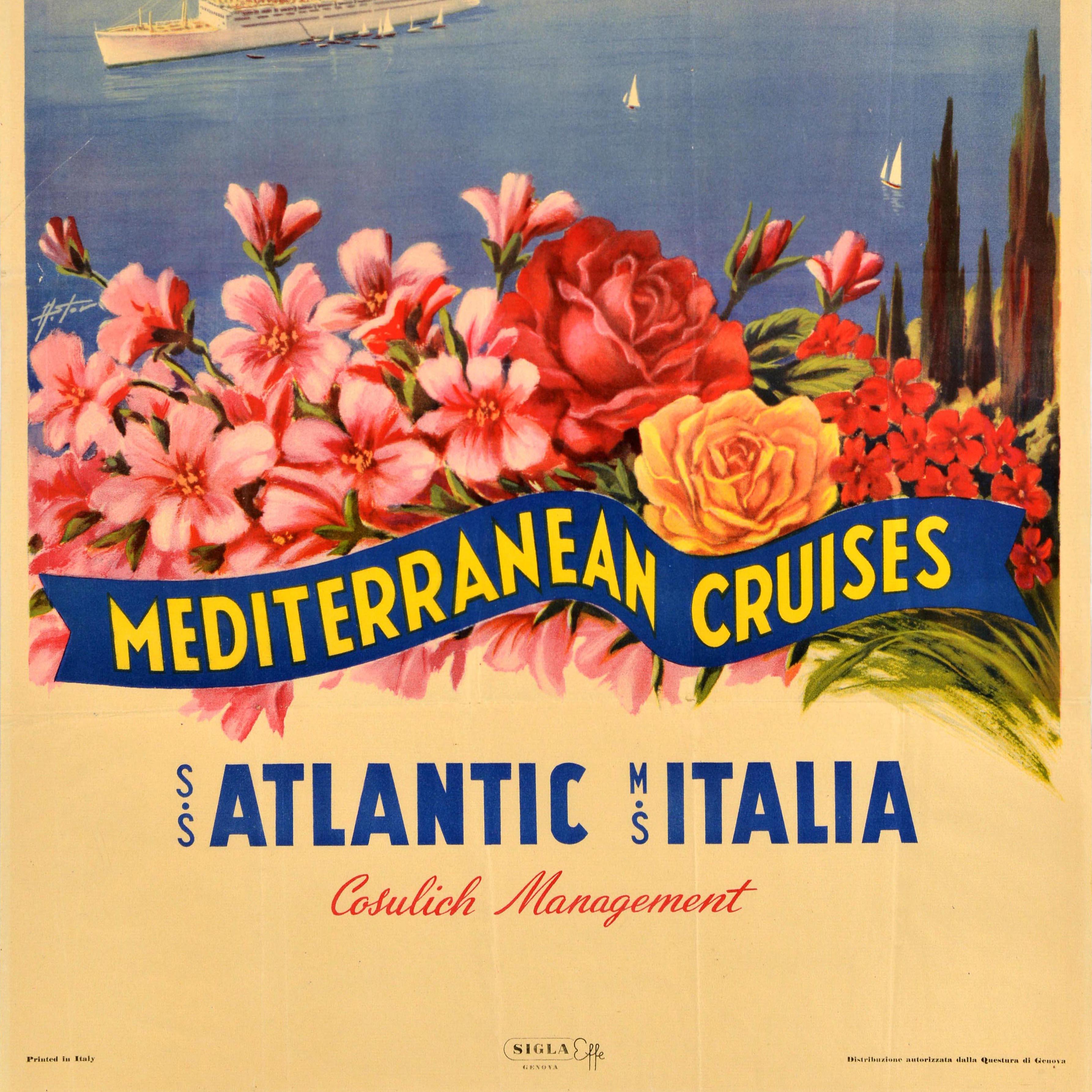 Póster de viaje original de época Cruceros por el Mediterráneo Home Lines Atlantic Italia en Bueno estado para la venta en London, GB