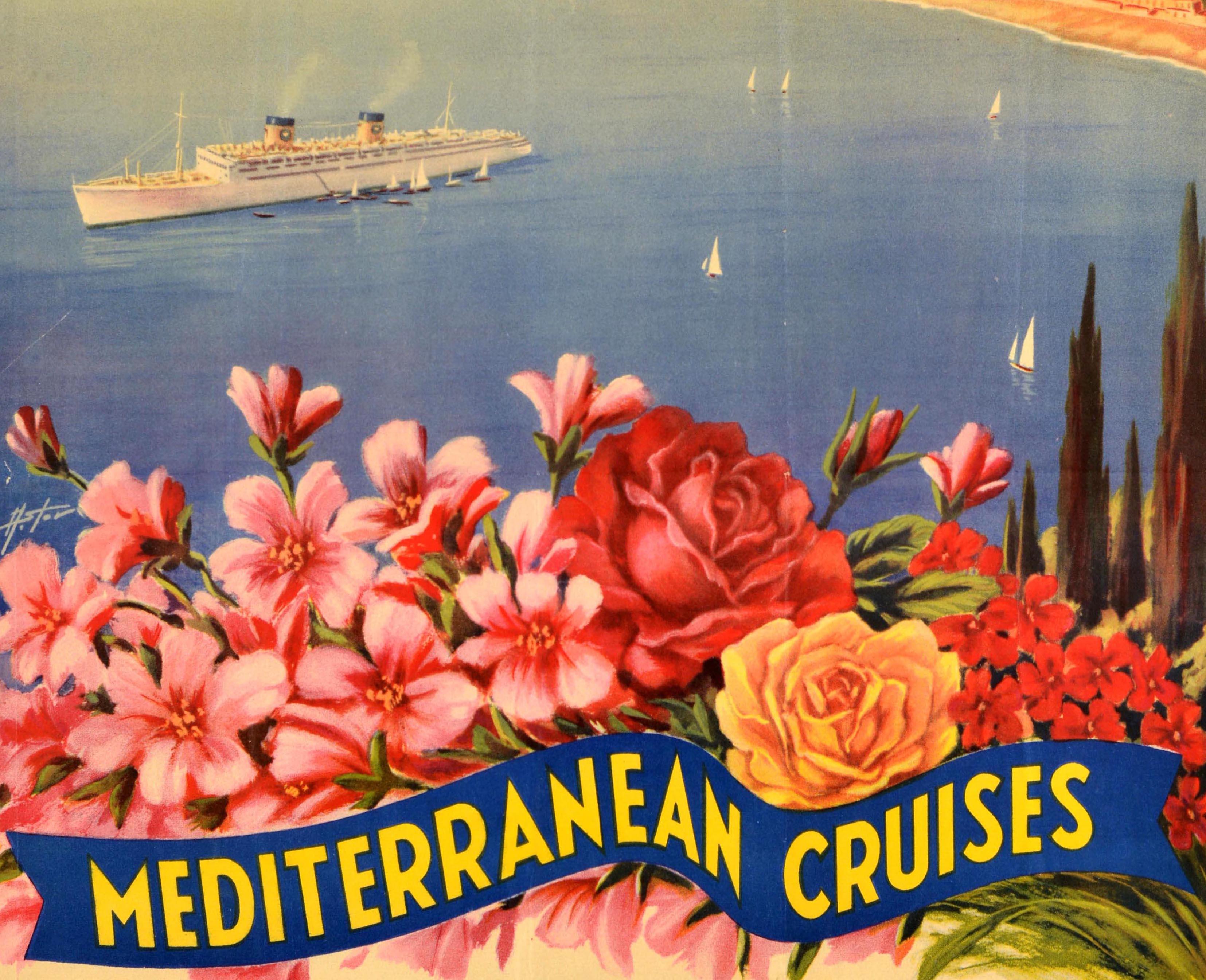 Póster de viaje original de época Cruceros por el Mediterráneo Home Lines Atlantic Italia mediados del siglo XX en venta