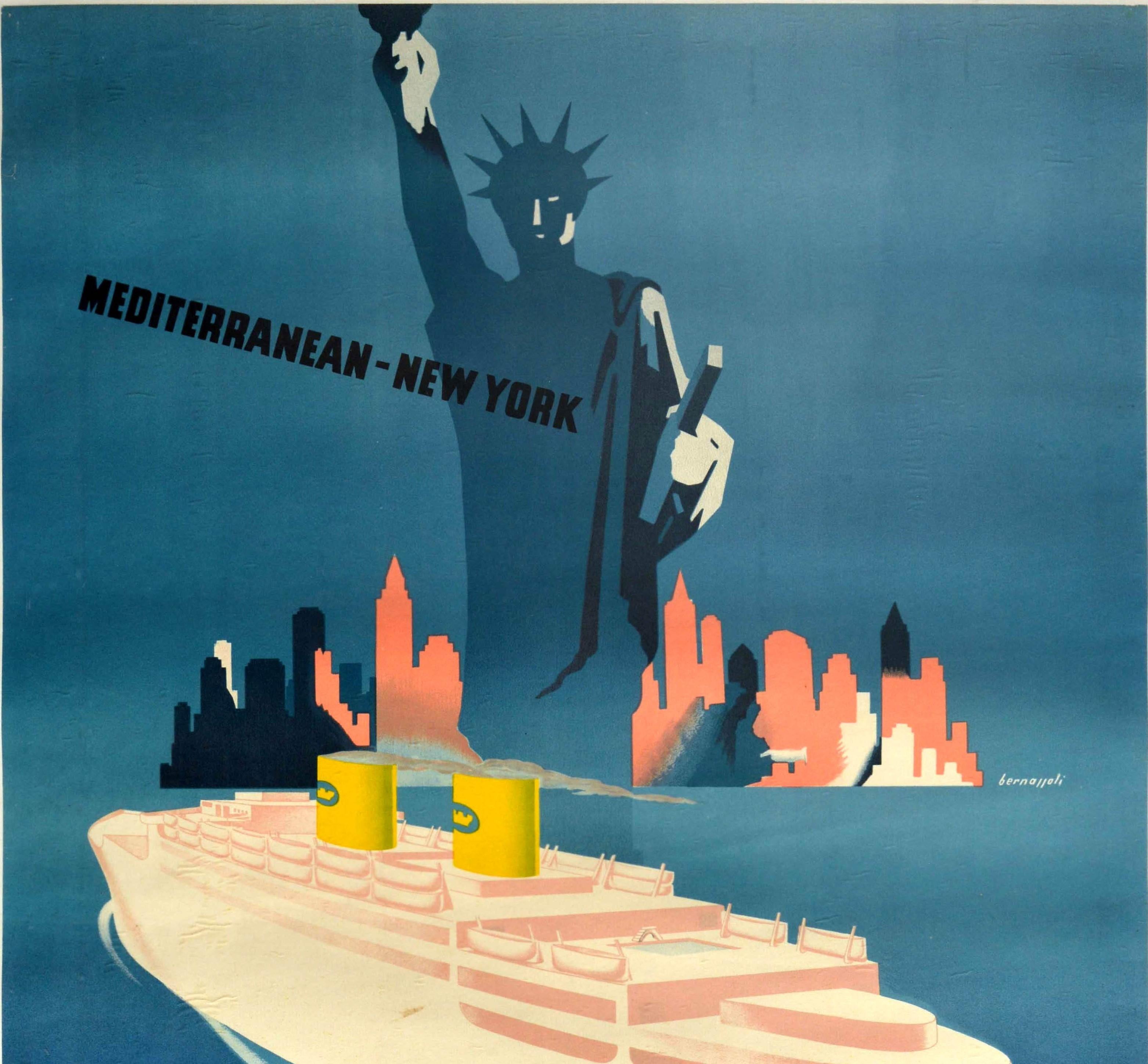 Original vintage cruise ship travel advertising poster, Mediterranean New York MS Italia - featuring a great illustration of a cruise liner in shades of pale pink and white with two yellow funnels and the diving board on the swimming pool deck