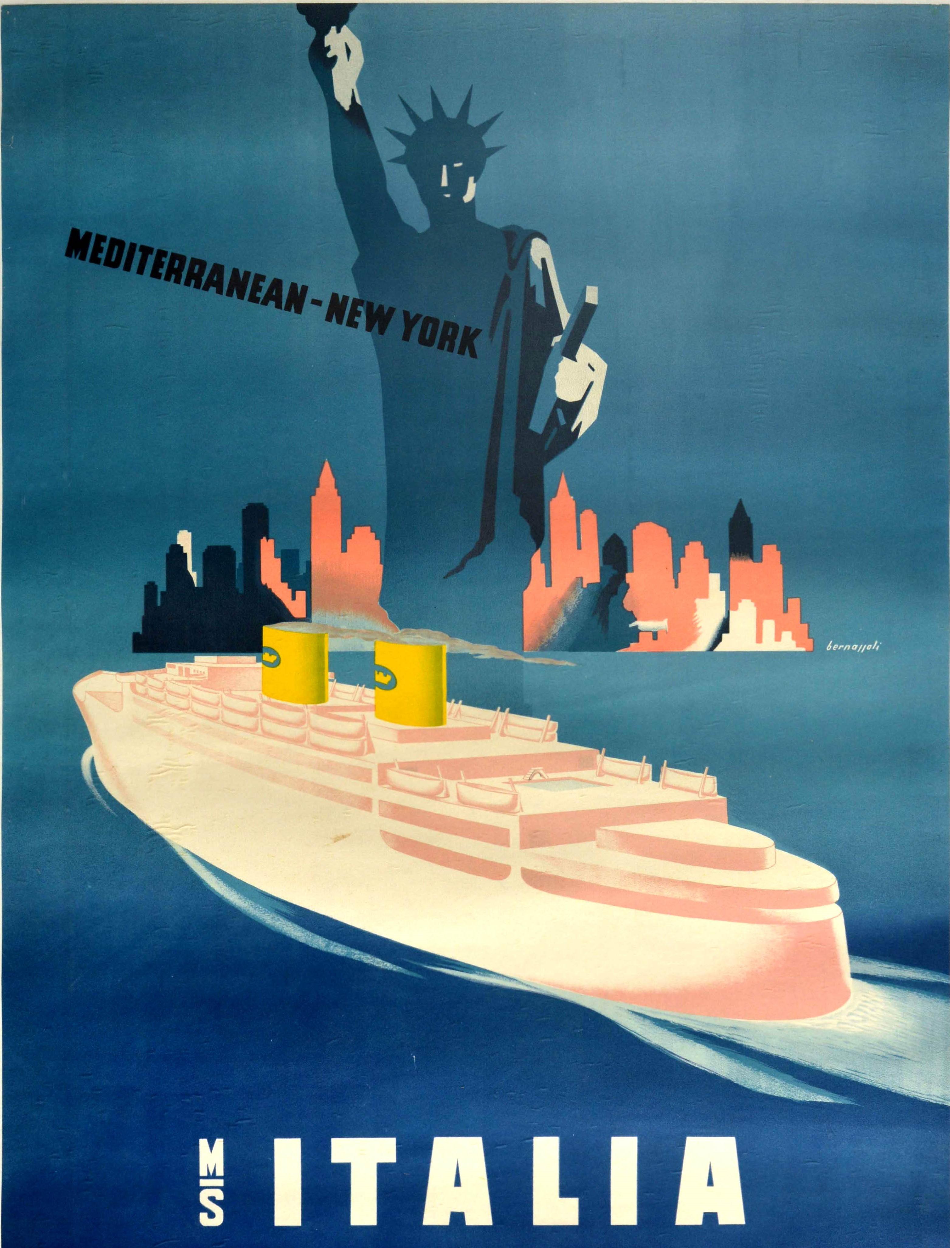 Italian Original Vintage Travel Poster Mediterranean New York City MS Italia Cruise Ship