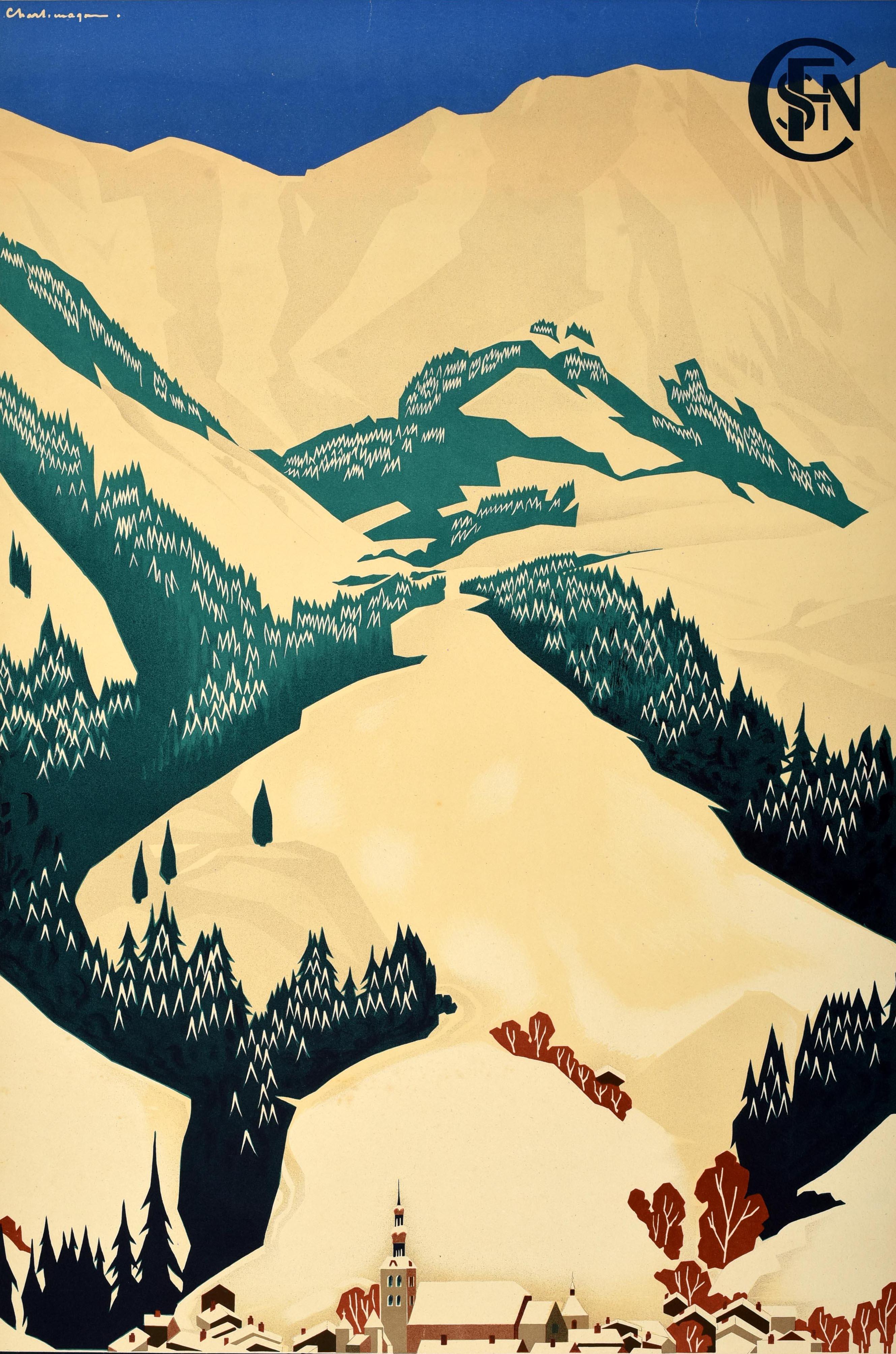 Affiche de voyage originale pour Megève, émise par la Société Nationale des Chemins de Fer Français (SNCF), fondée en 1938. Elle représente des pistes de ski bordées d'arbres, des montagnes enneigées, un ciel bleu, une église et des toits enneigés