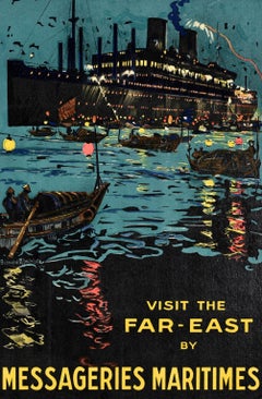 Original Vintage Travel Poster Messageries Maritimes Far East Shipping English