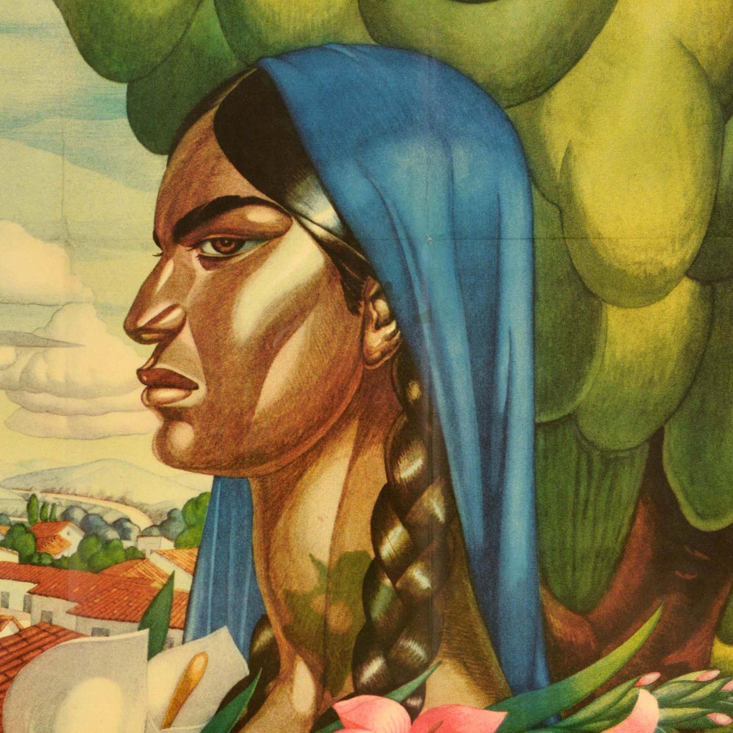 Affiche de voyage originale pour le Mexique, réalisée par l'artiste mexicain Alfonso X Pena (1903-1964), représentant une dame tenant des fleurs d'iris et de lys jaunes, roses et blanches, avec un arbre et une vue sur des toits menant à des collines