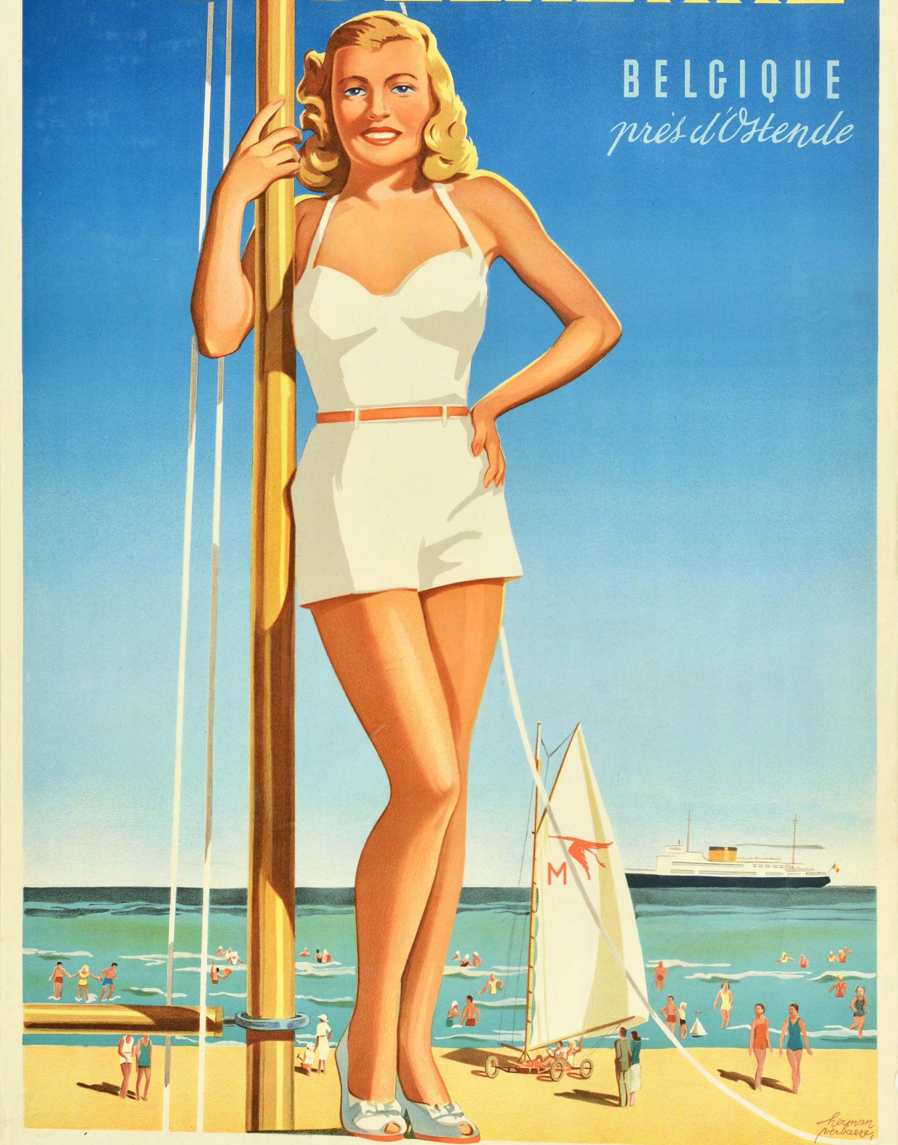 Affiche rétro originale de voyage Middlekerke, Belgique, Côte de mer, Jeux de surf et de plage Bon état - En vente à London, GB