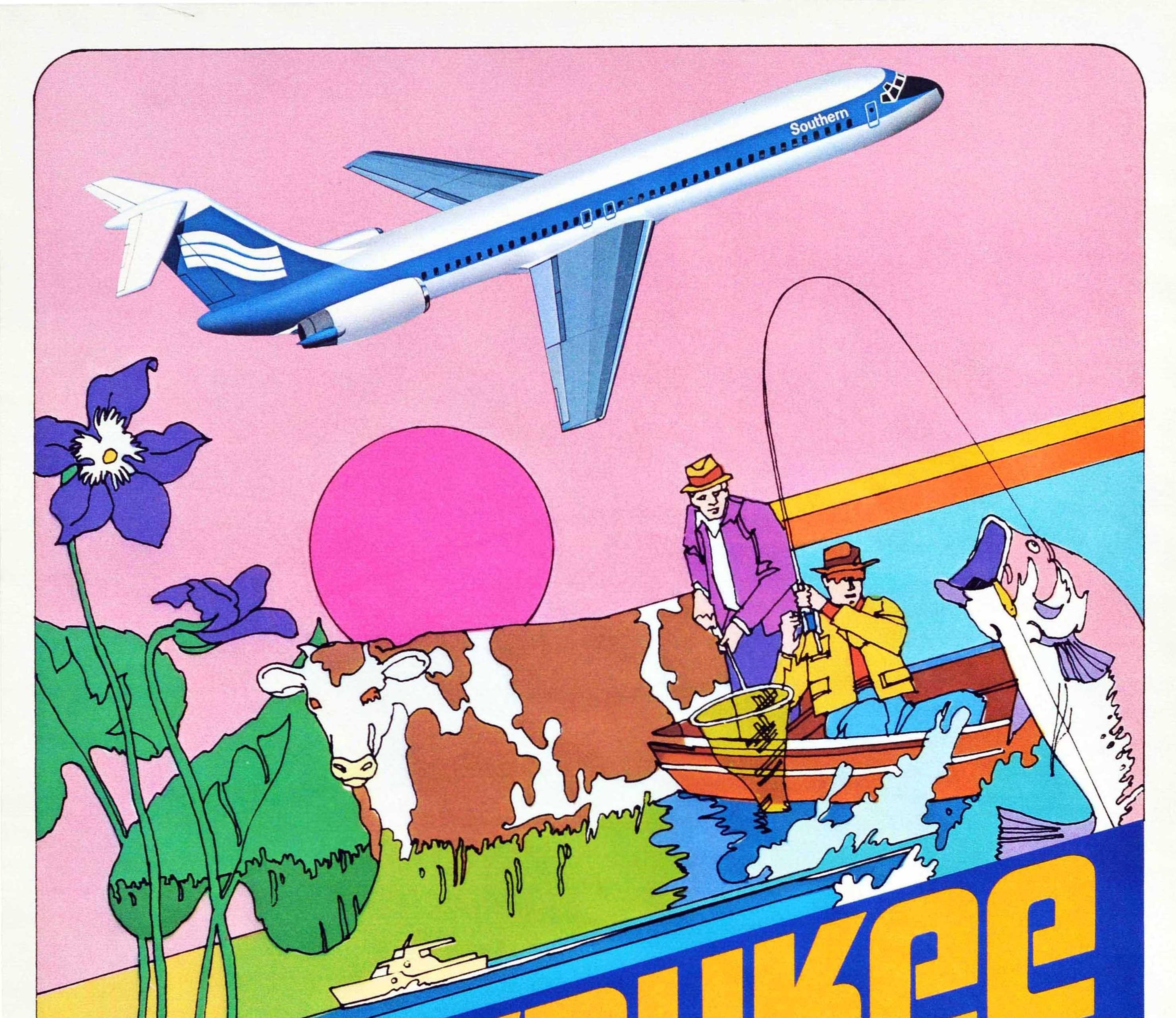 Original vintage travel poster for Milwaukee Southern Airlines (1944-1979) featuring a colourful diagonal design depicting illustrations of a cow in grass, men fishing on a boat, flowers, a sun and a Southern plane flying above, the title text in