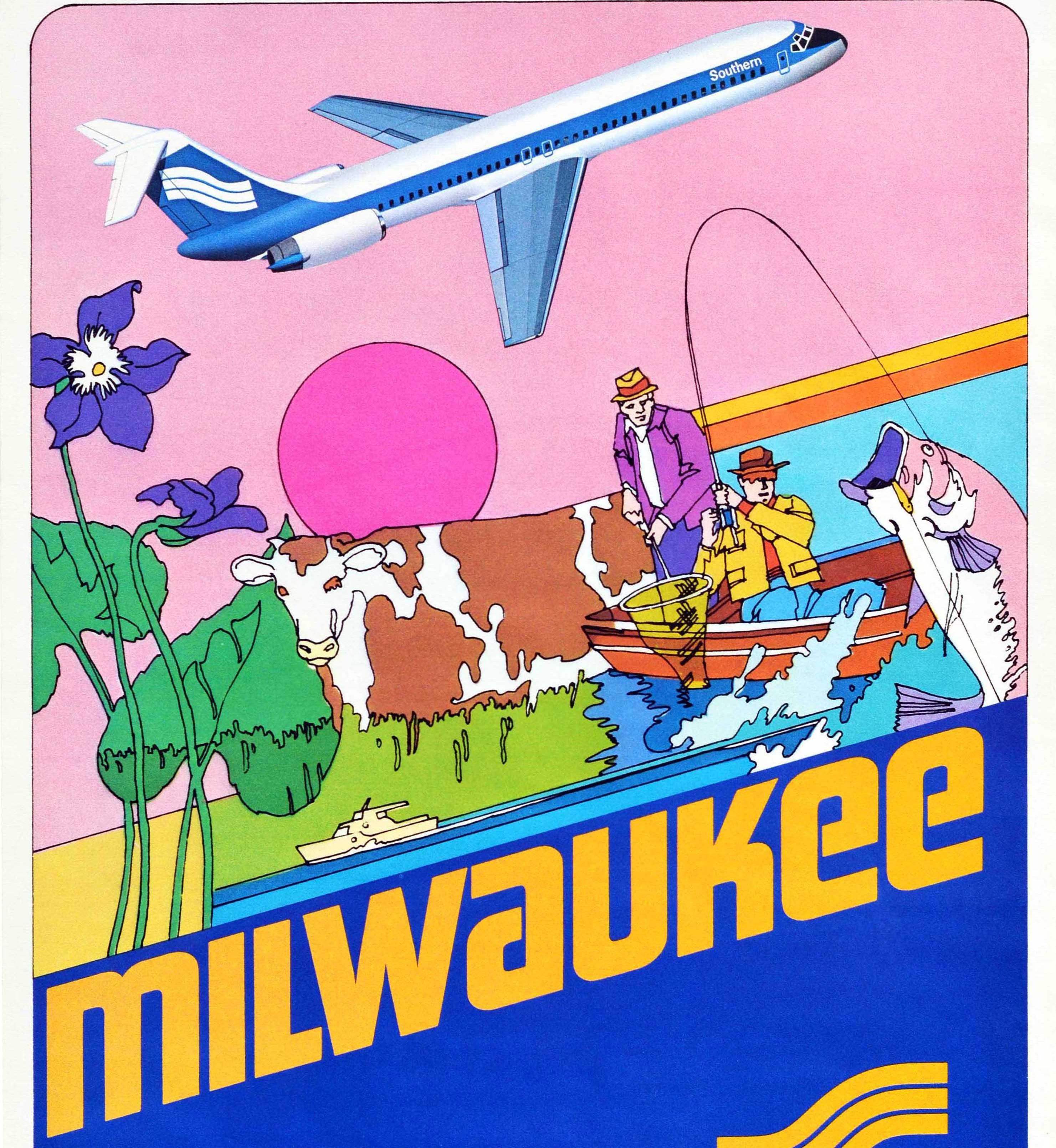 American Original Vintage Travel Poster Milwaukee Southern Airlines Plane Fishing Cow Art