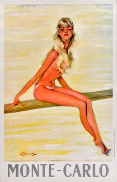 Original Vintage Travel Poster Monte Carlo Girl Pin Up Domergue Diving Board