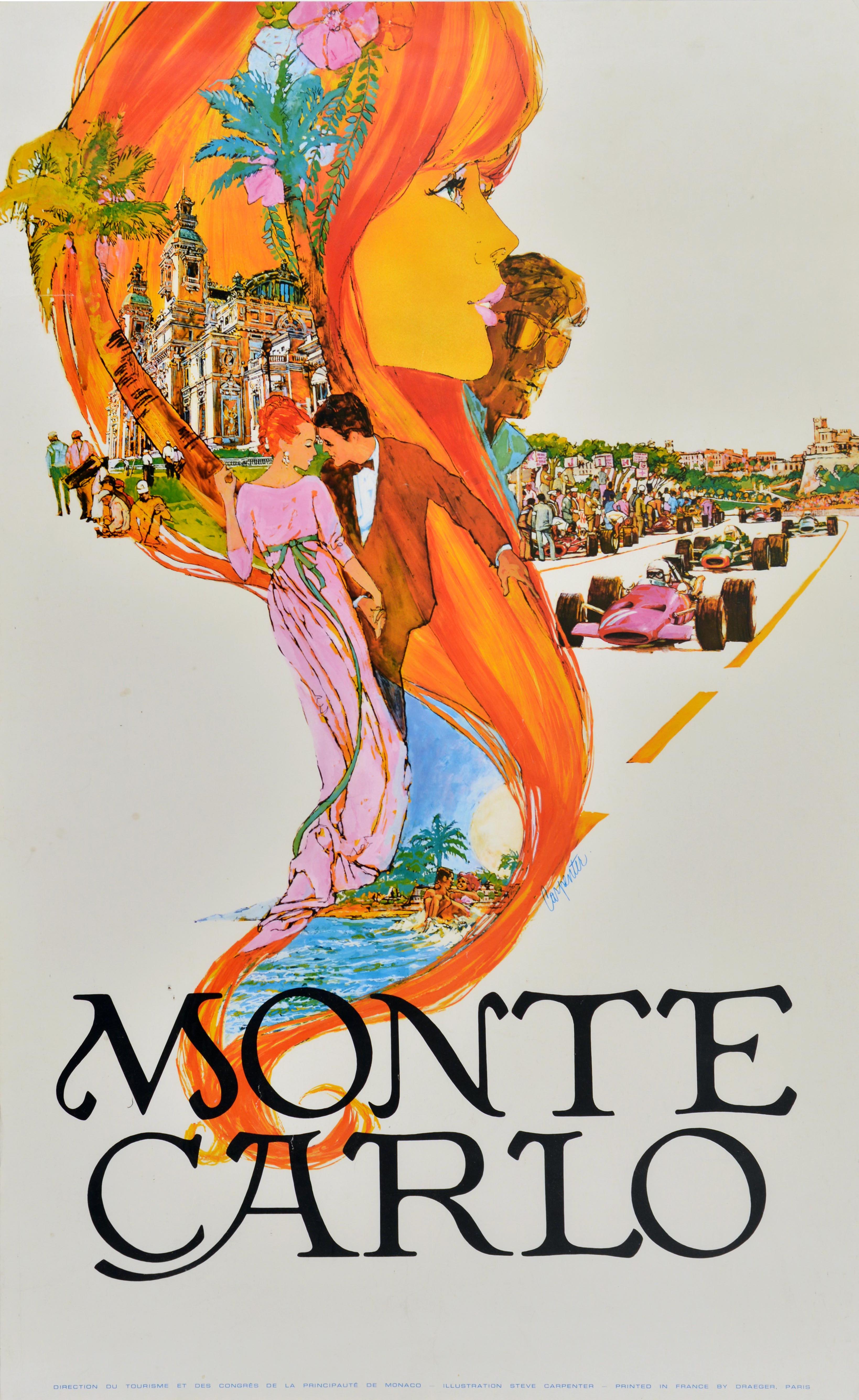Original Vintage Travel Poster Monte Carlo Steve Carpenter Monaco F1 Racing Cars