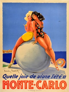 Poster di viaggio originale d'epoca Monte Carlo Summer Joy Louis Icart Monaco