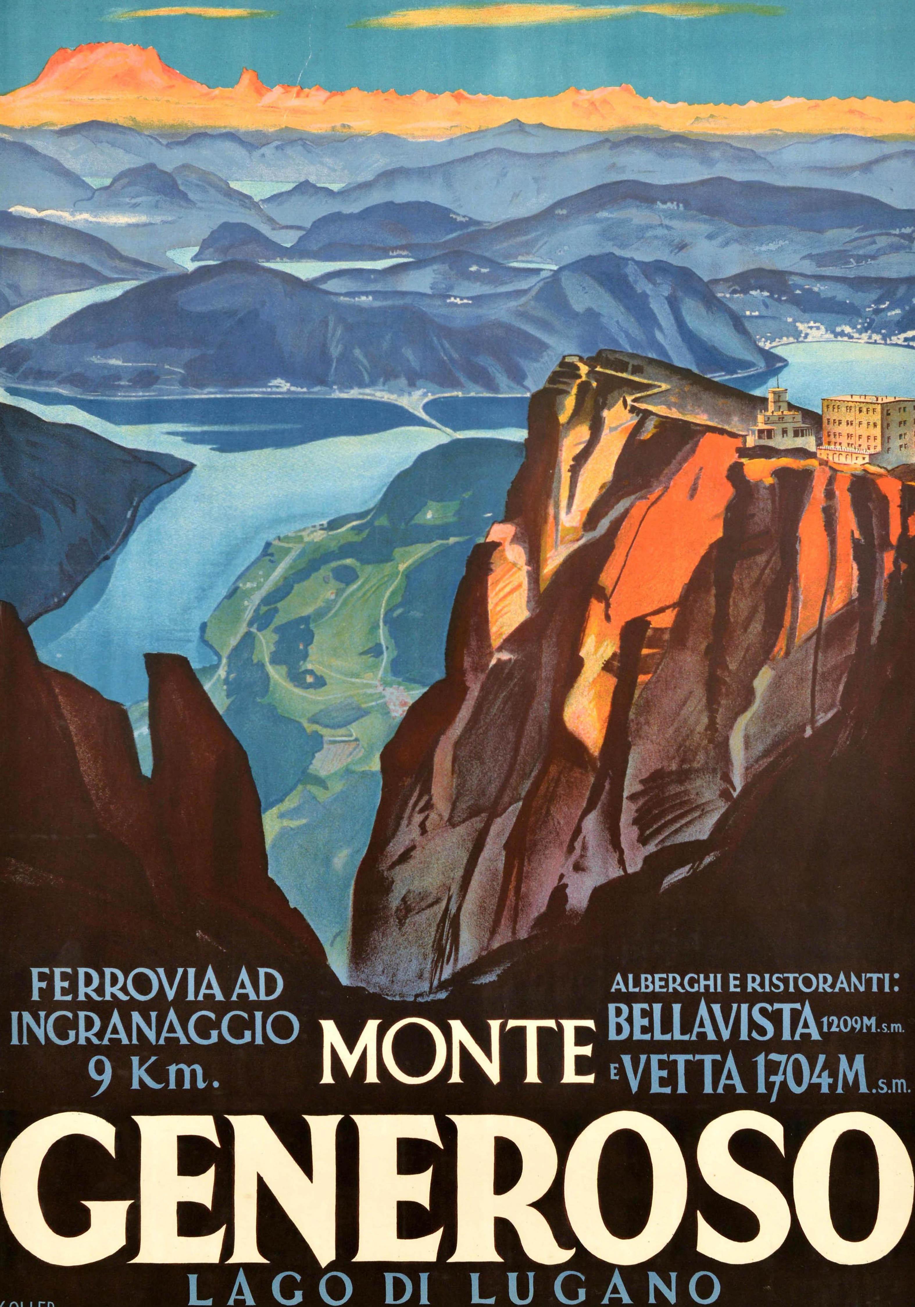 Cartel de viaje original de época para Monte Generoso con una impresionante vista de los Alpes, obra de Louis Koller (1904-1978), que representa los antiguos edificios de los restaurantes Hotel Kulm y Ristorante Vetta en la cima de la estación de