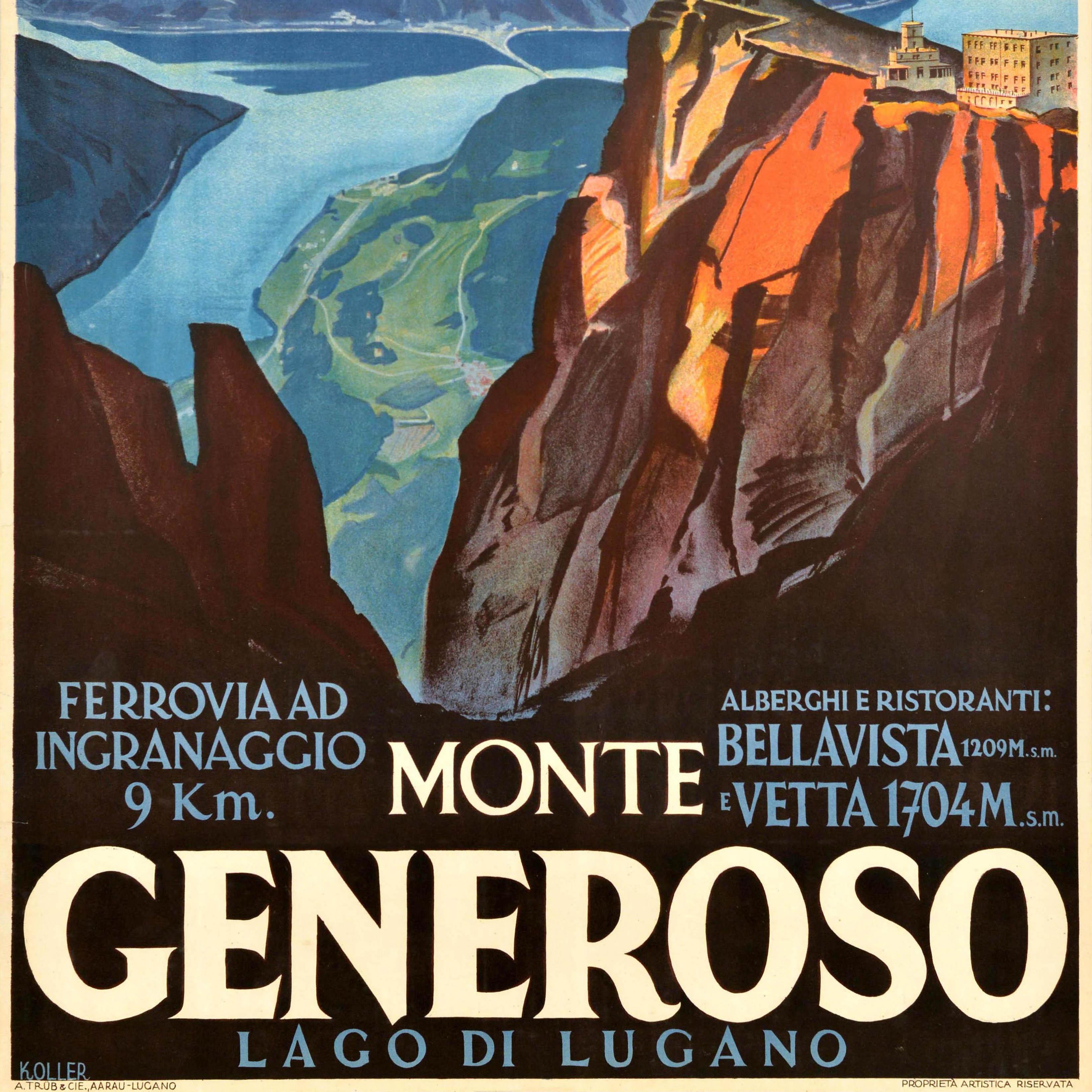 Póster de Viaje Vintage Original Monte Generoso Lago Di Lugano Suiza Koller en Bueno estado para la venta en London, GB