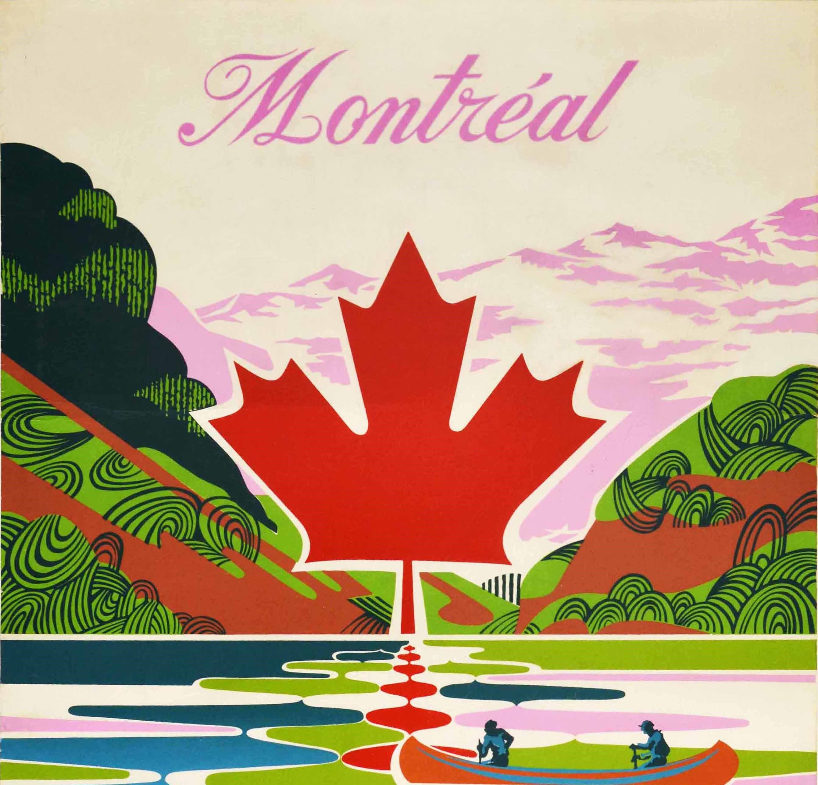 Original vintage poster for Montreal RAM Royal Air Maroc featuring a striking design of a large red Canadian Maple Leaf casting a reflection on a river with colourful stylised ripples on the water in red green pink and shades of blue, two people