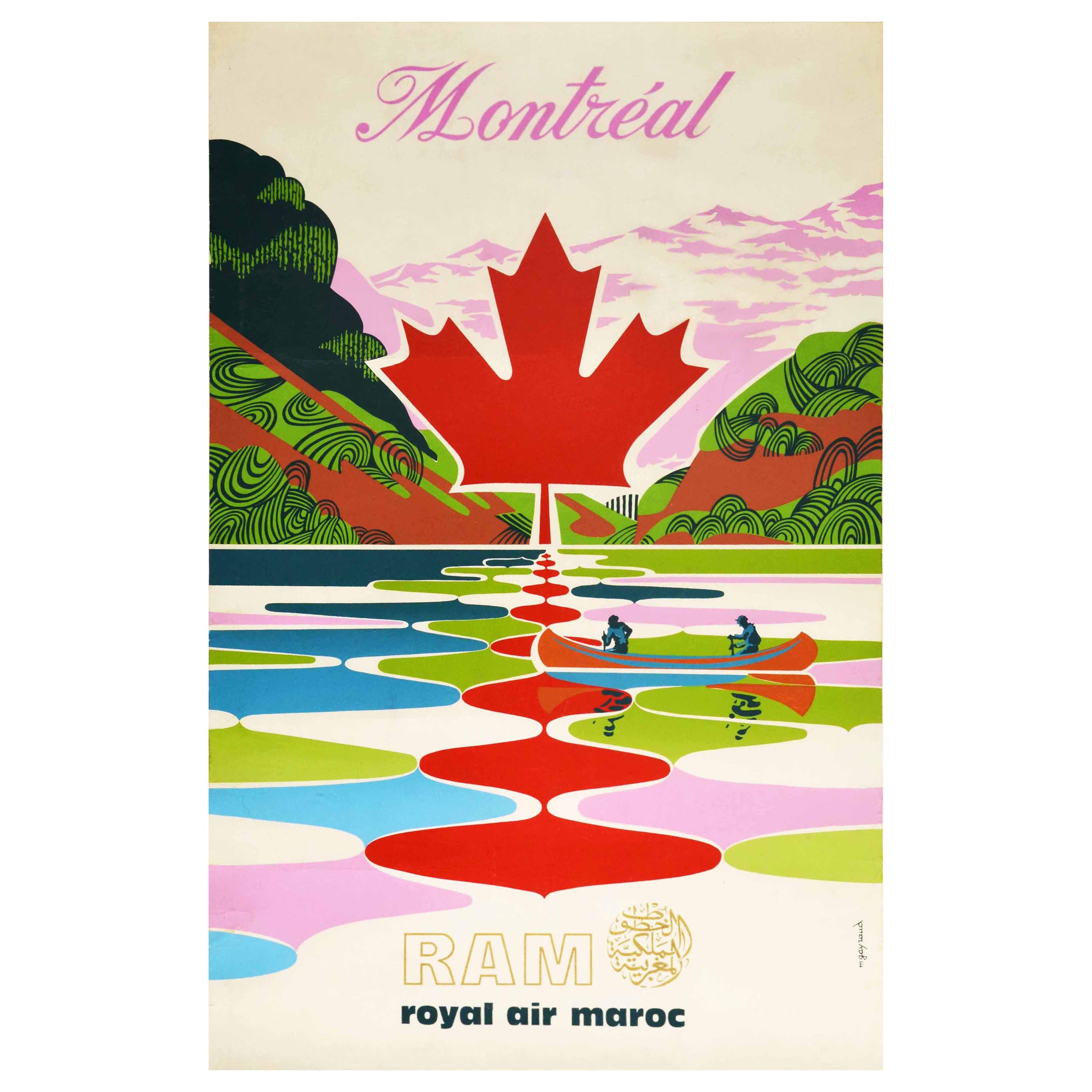 Original Vintage Travel Poster Montreal Canada Royal Air Maroc Maple Leaf Design