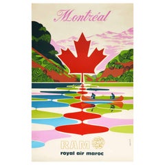 Original Retro Travel Poster Montreal Canada Royal Air Maroc Maple Leaf Design