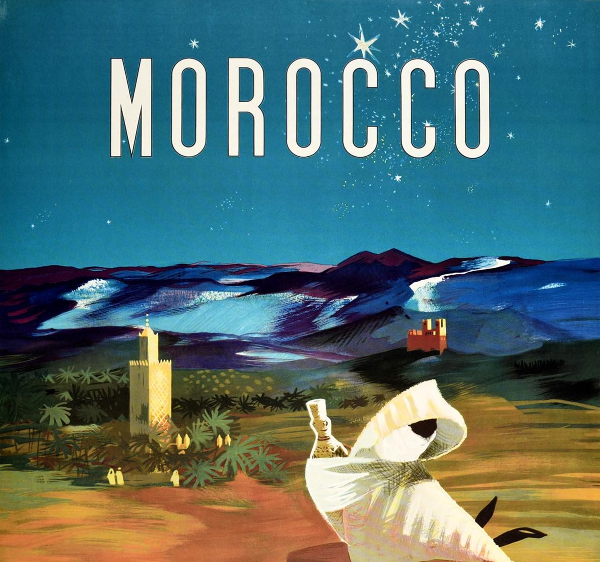 Original vintage travel poster for Morocco issued by The Moroccan Tourist Bureau Rabat featuring a great image depicting a shell on a sandy beach by the sparkling sea water and a person riding a donkey carrying baskets with people by palm trees and