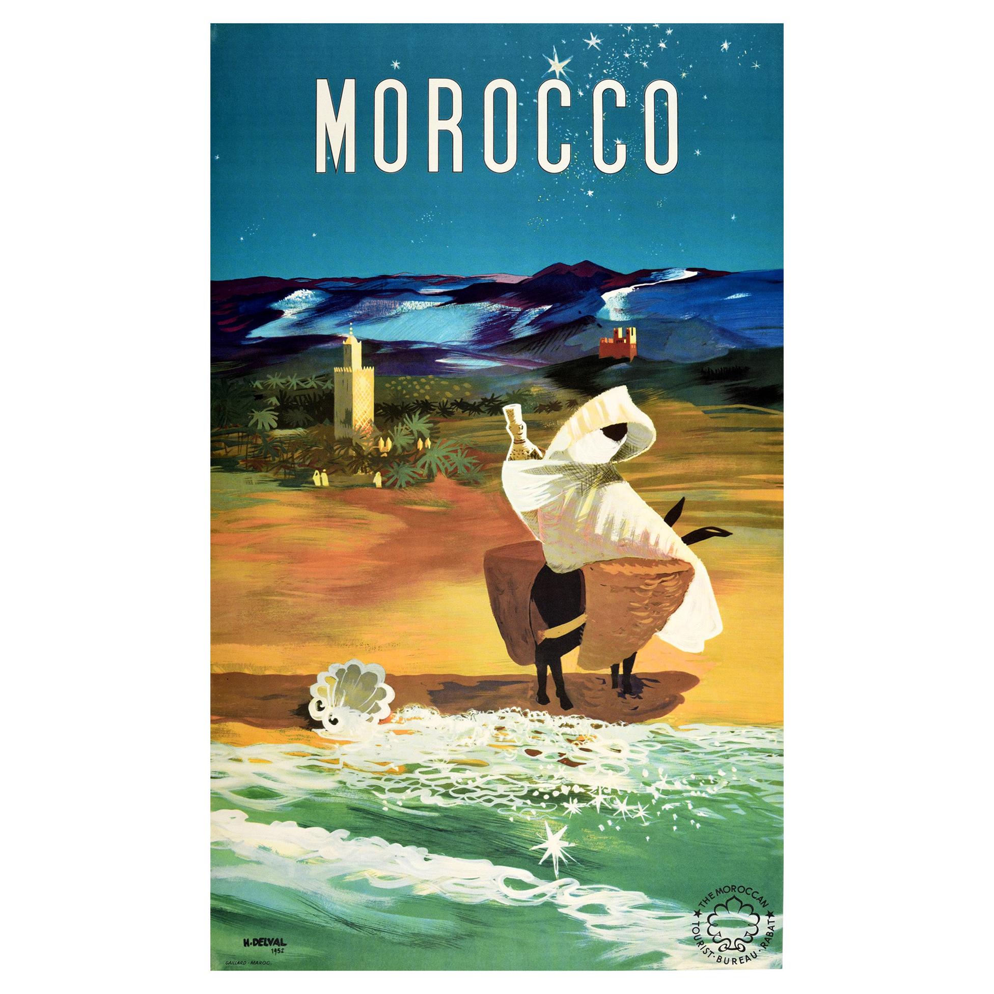 Original Vintage Travel Poster Morocco Africa Donkey Beach Mountains Night Sky